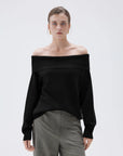 SUUKSESS Women Cashmere Off The Shoulder Sweater Oversized Knit Long Sleeve Tops-SUUKSESS-Black-XS-SUUKSESS