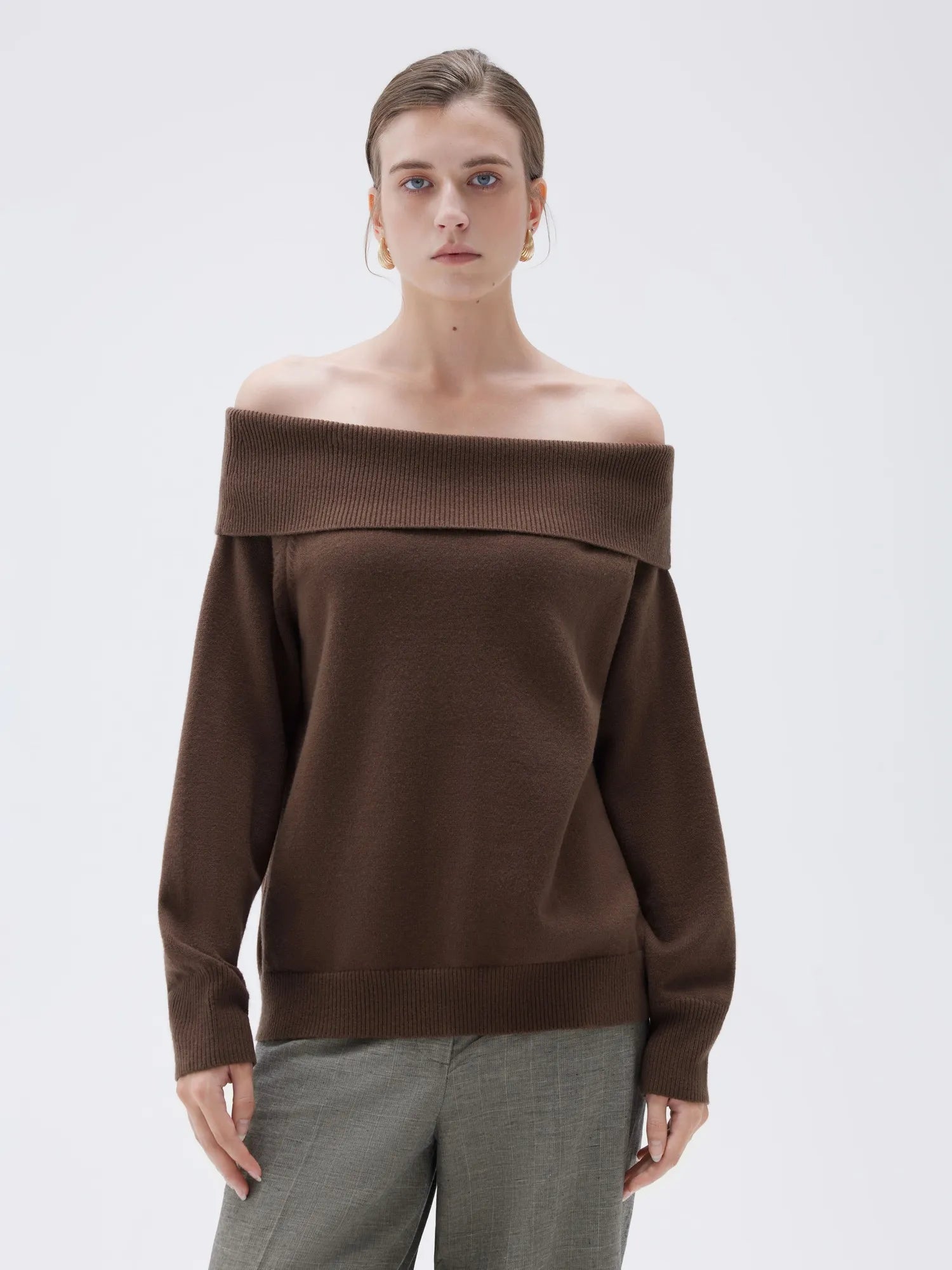 SUUKSESS Women Cashmere Off The Shoulder Sweater Oversized Knit Long Sleeve Tops-SUUKSESS-Brown-XS-SUUKSESS