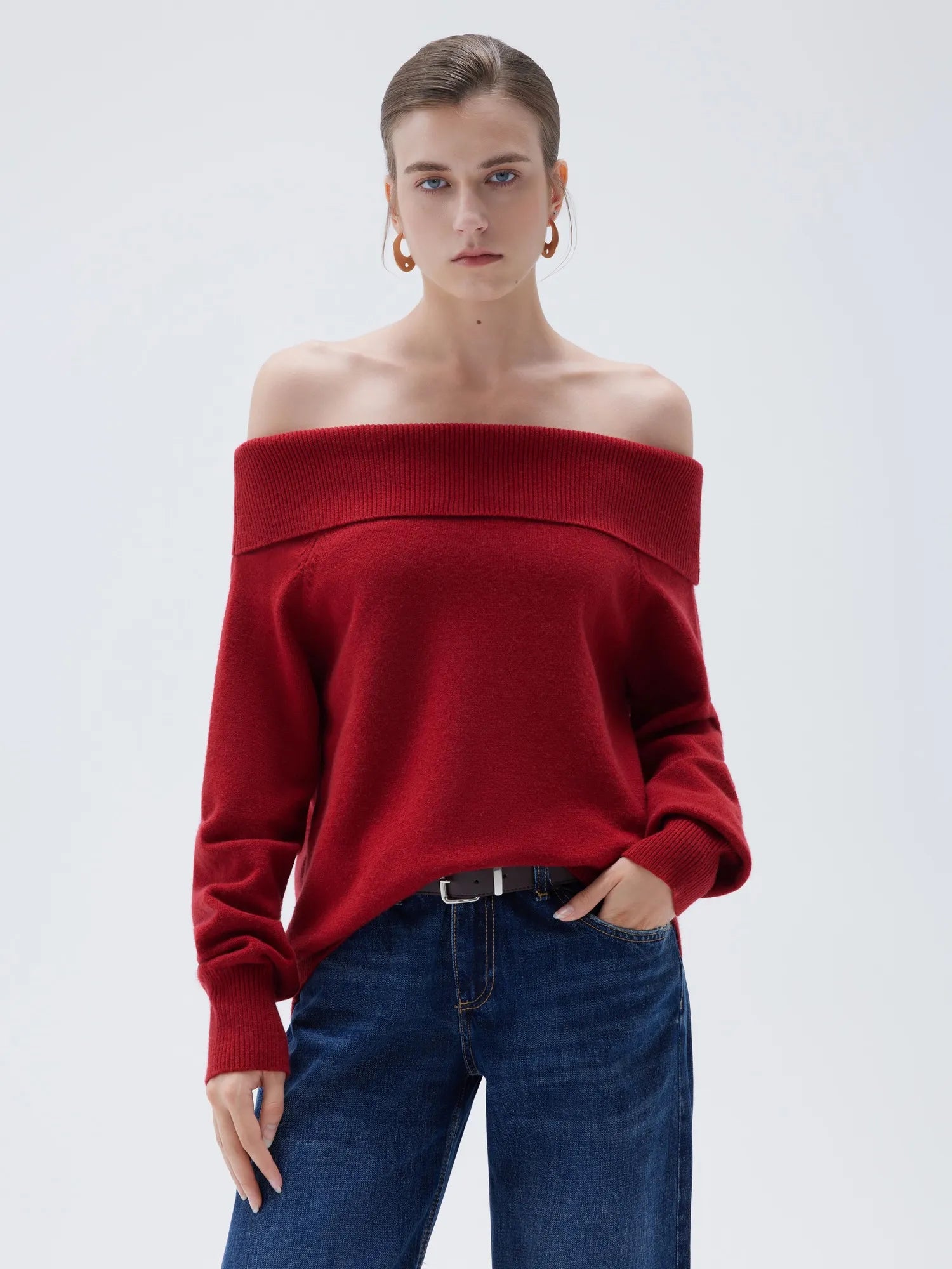 SUUKSESS Women Cashmere Off The Shoulder Sweater Oversized Knit Long Sleeve Tops-SUUKSESS-Wine-XS-SUUKSESS