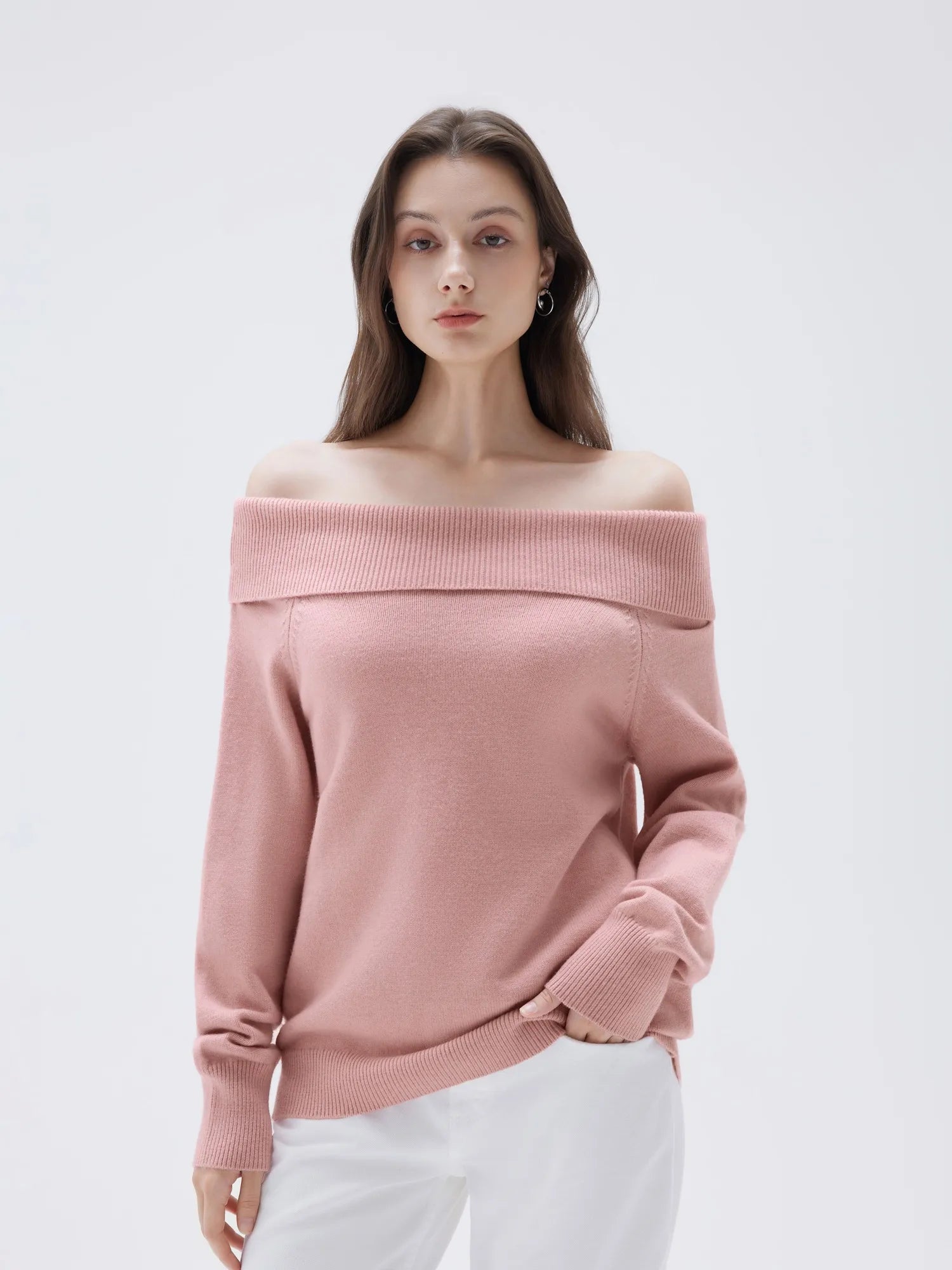SUUKSESS Women Cashmere Off The Shoulder Sweater Oversized Knit Long Sleeve Tops-SUUKSESS-Pink-XS-SUUKSESS