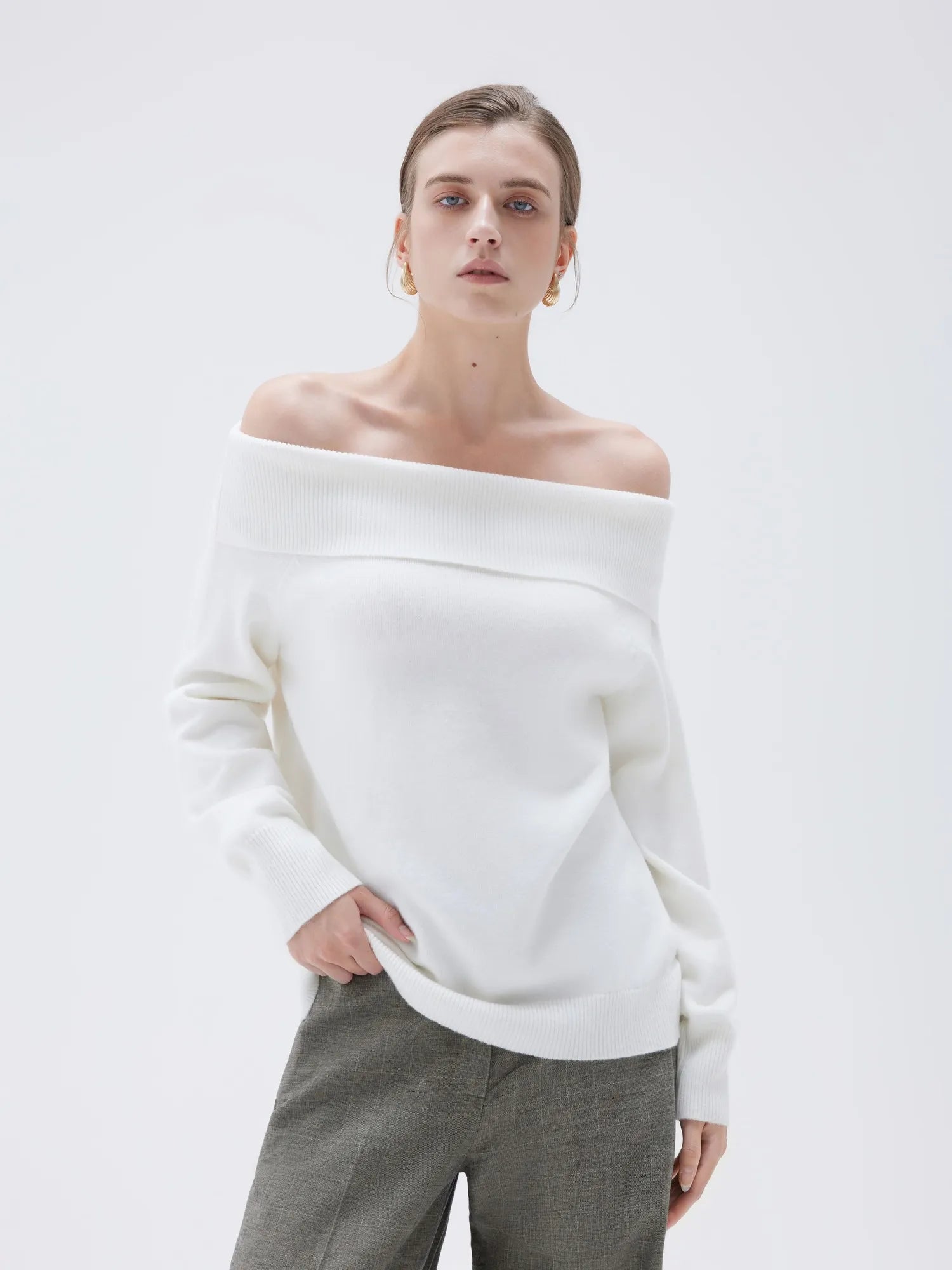 SUUKSESS Women Cashmere Off The Shoulder Sweater Oversized Knit Long Sleeve Tops-SUUKSESS-SUUKSESS