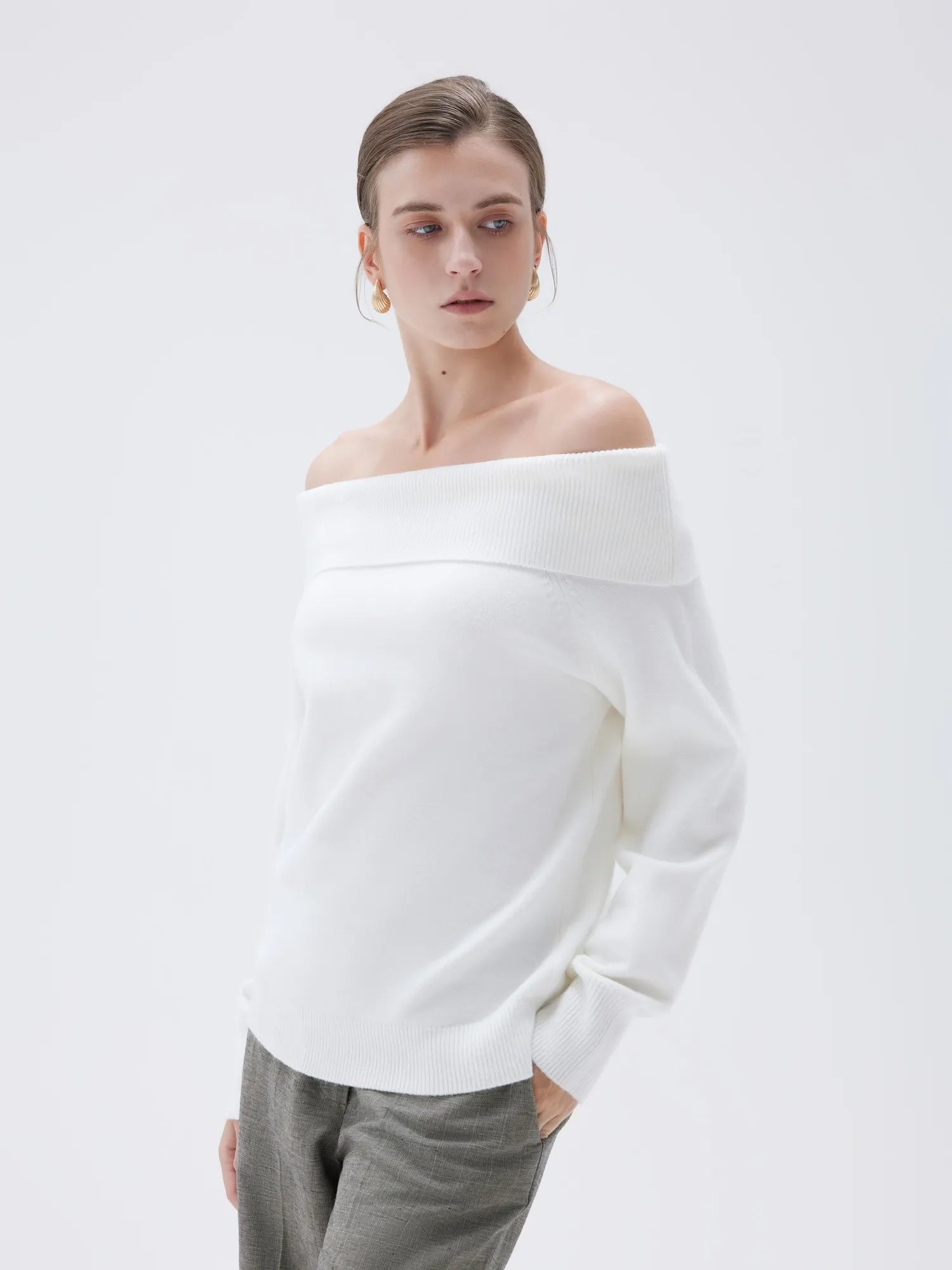 SUUKSESS Women Cashmere Off The Shoulder Sweater Oversized Knit Long Sleeve Tops-SUUKSESS-SUUKSESS