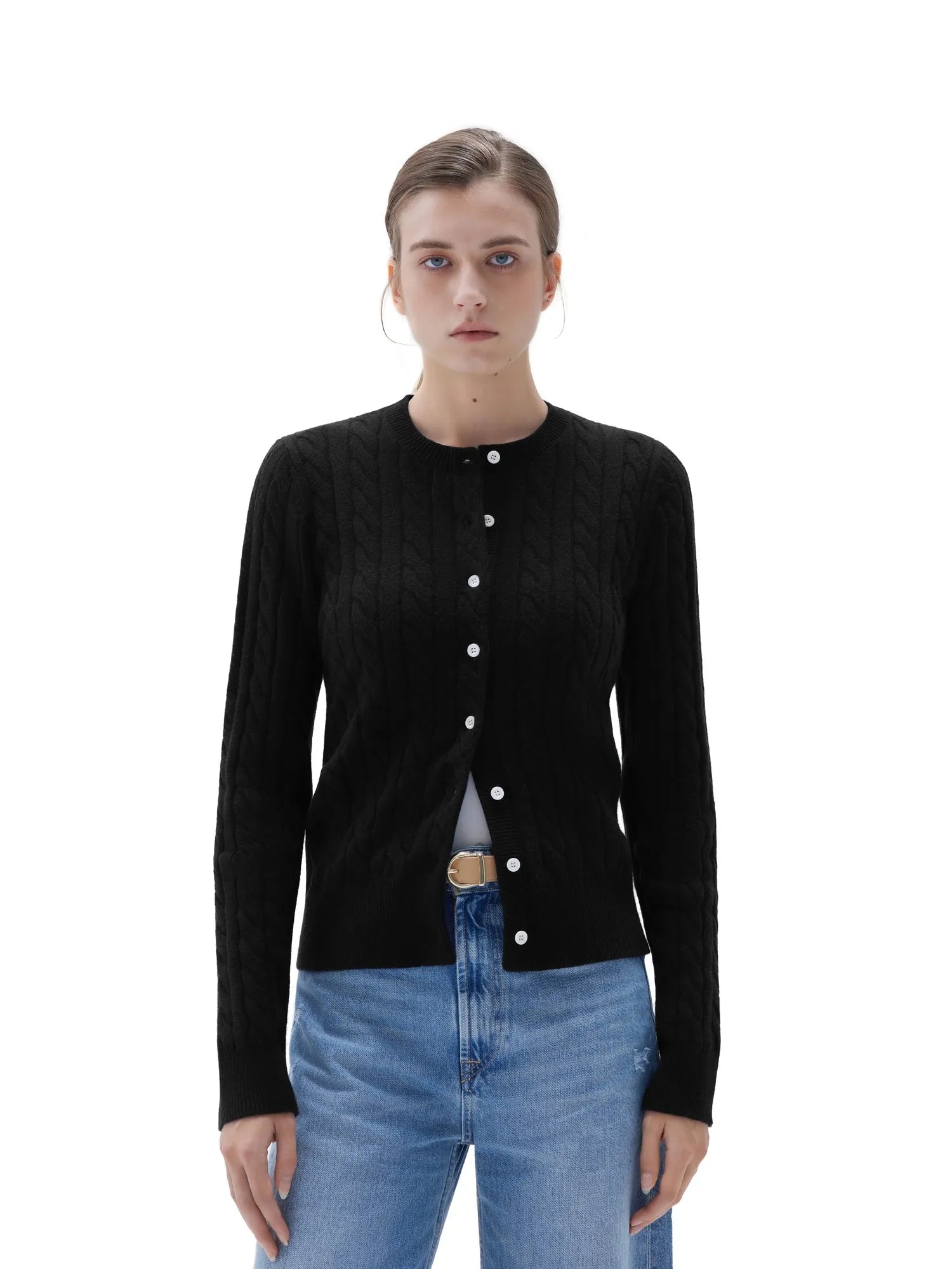 SUUKSESS Women Cable Knit Cashmere Sweaters Crew Neck Button Up Chunky Cardigan Long Sleeve Fall Outfits-SUUKSESS-Black-XS-SUUKSESS