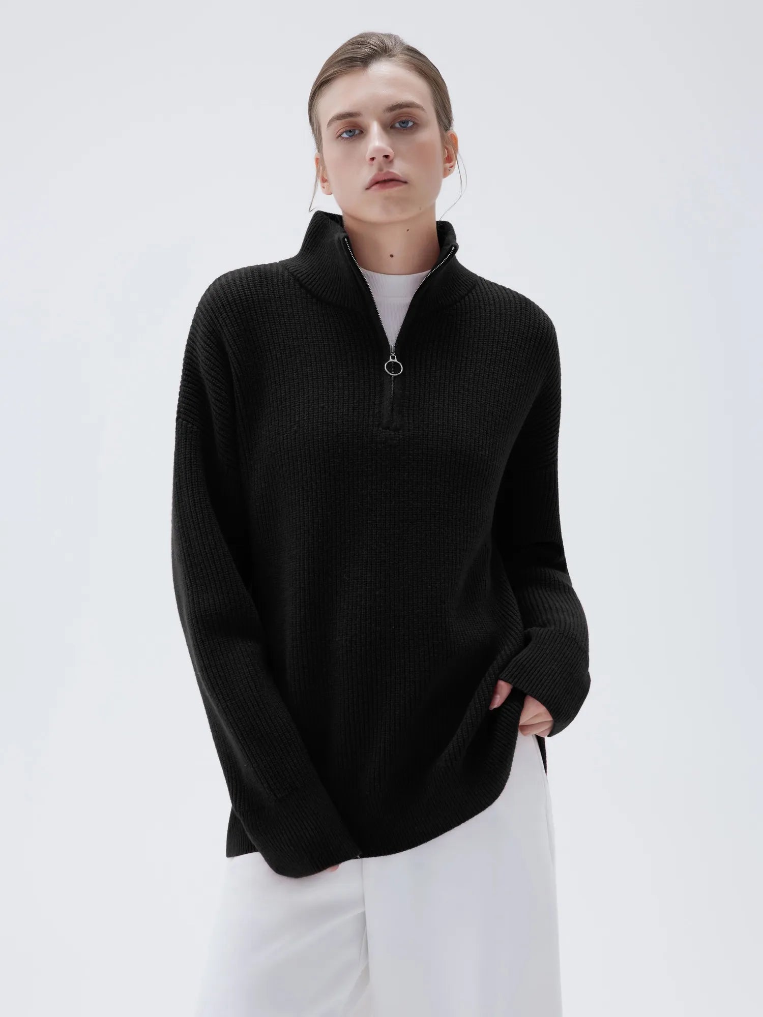 SUUKSESS Women Cashmere Oversized Quarter Zip Pullover Sweater Long Sleeve Collared Ribbed Knit Jumper Tops-SUUKSESS-Black-XS-SUUKSESS