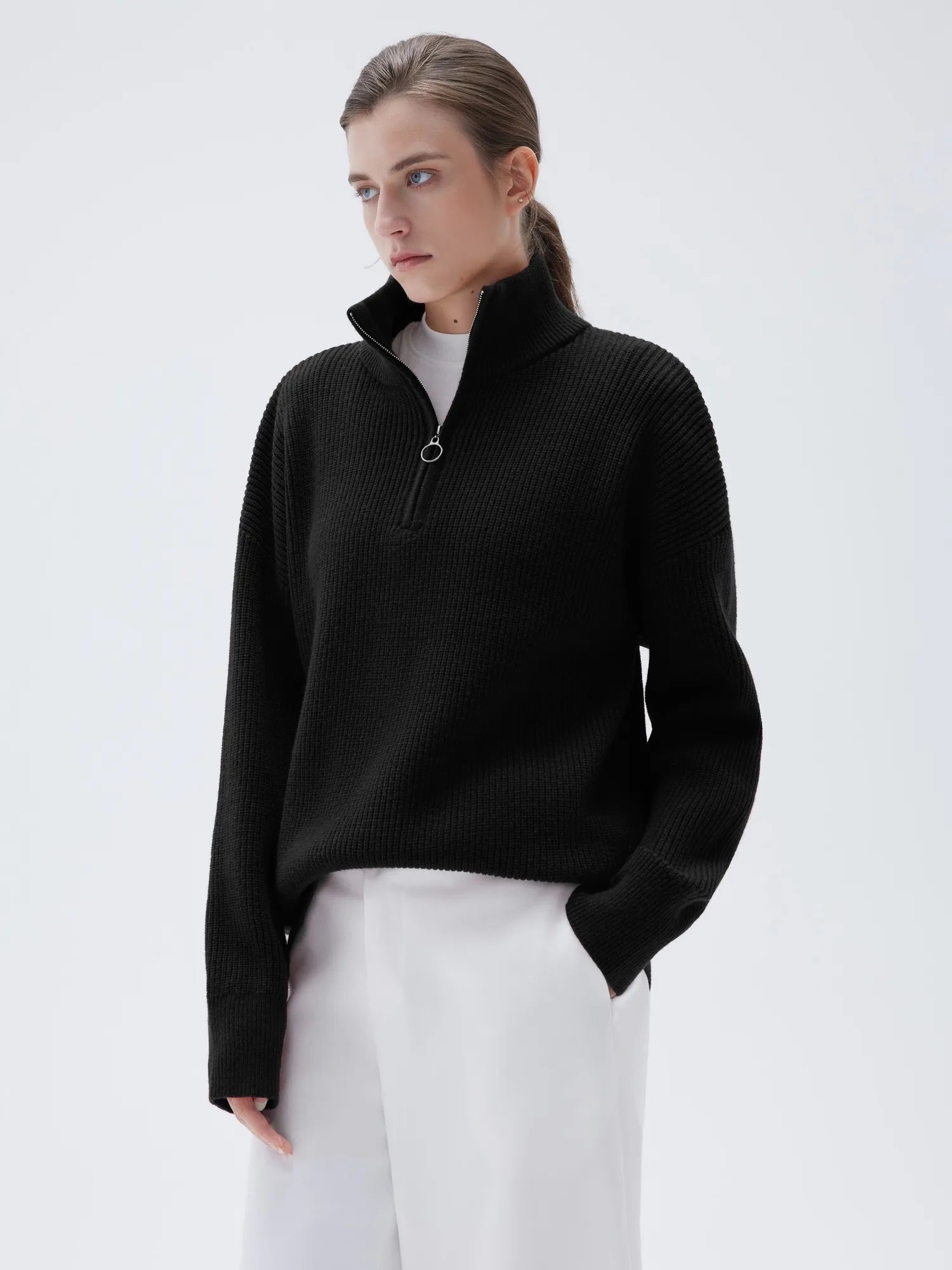 SUUKSESS Women Cashmere Oversized Quarter Zip Pullover Sweater Long Sleeve Collared Ribbed Knit Jumper Tops-SUUKSESS-SUUKSESS