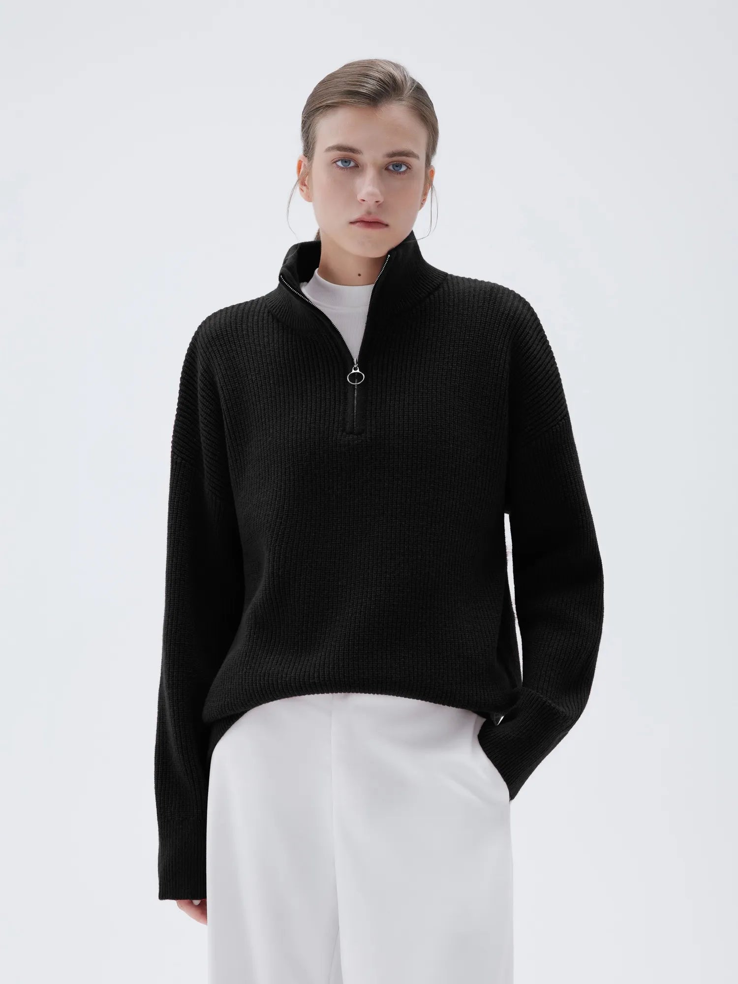 SUUKSESS Women Cashmere Oversized Quarter Zip Pullover Sweater Long Sleeve Collared Ribbed Knit Jumper Tops-SUUKSESS-SUUKSESS