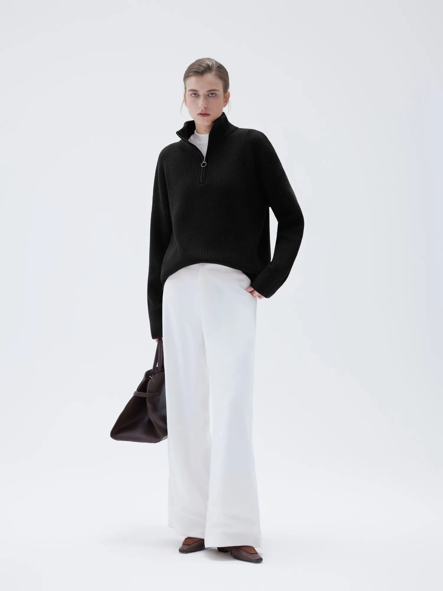 SUUKSESS Women Cashmere Oversized Quarter Zip Pullover Sweater Long Sleeve Collared Ribbed Knit Jumper Tops-SUUKSESS-SUUKSESS
