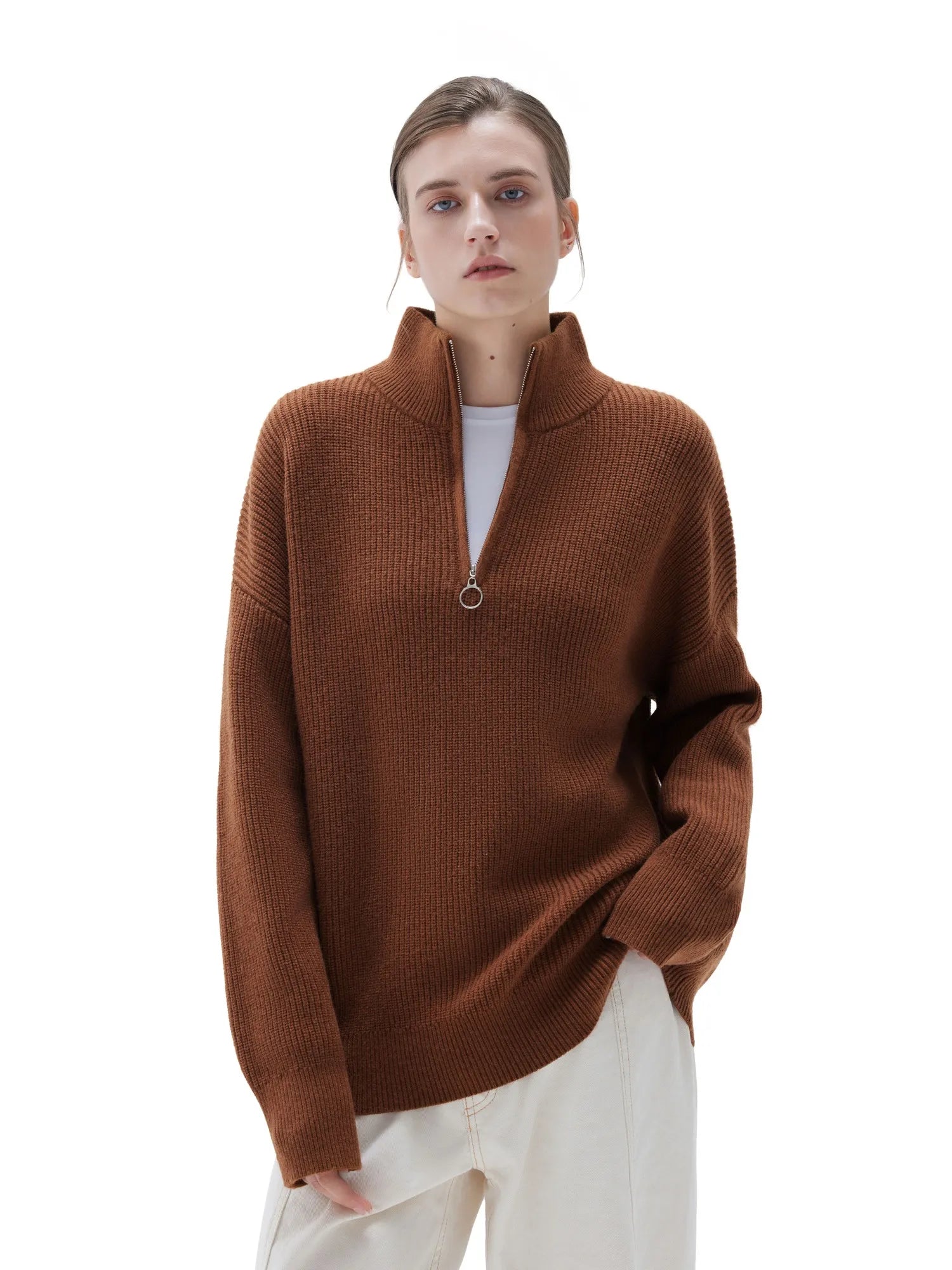 SUUKSESS Women Cashmere Oversized Quarter Zip Pullover Sweater Long Sleeve Collared Ribbed Knit Jumper Tops-SUUKSESS-Dirt-XS-SUUKSESS