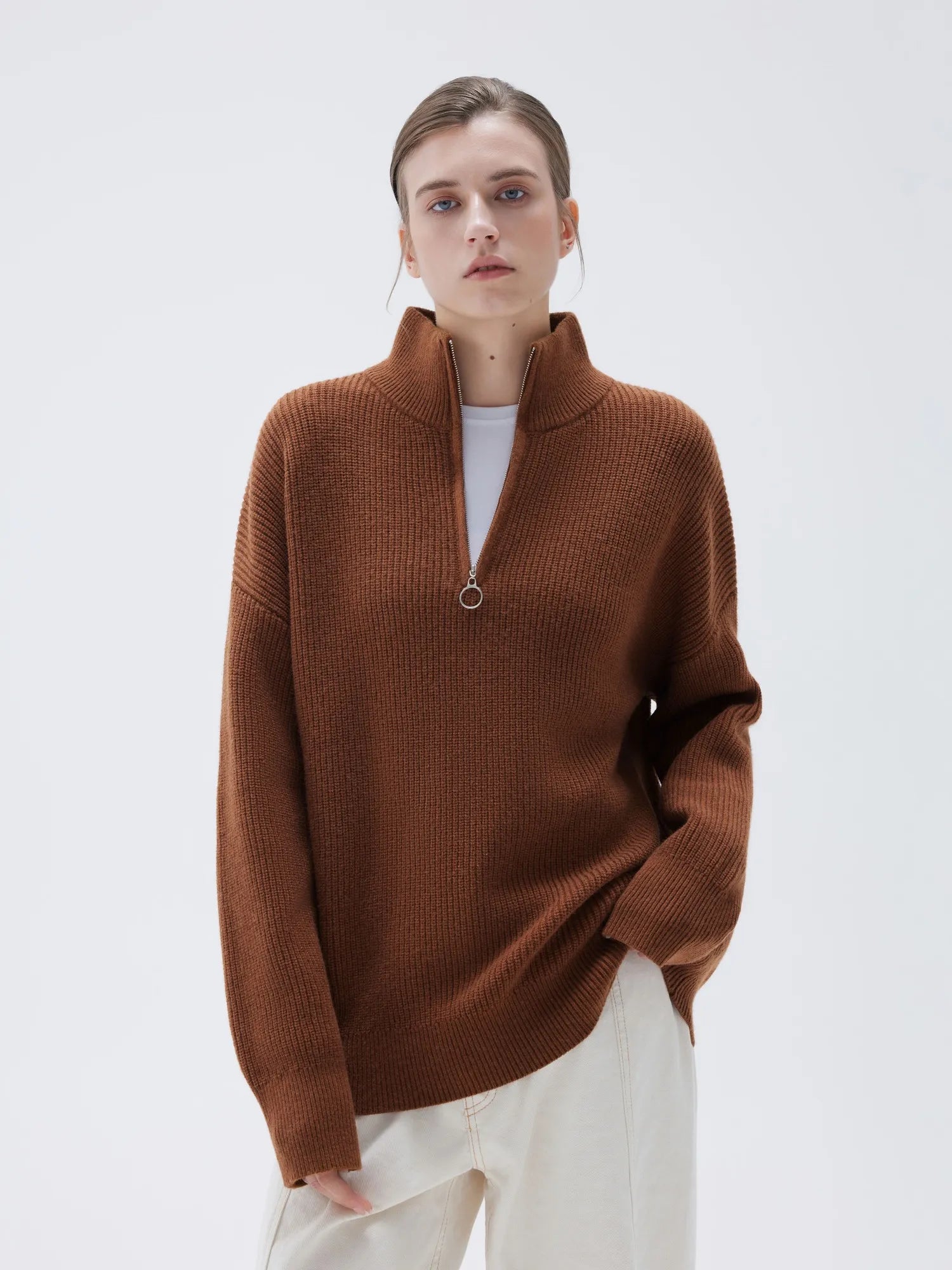 SUUKSESS Women Cashmere Oversized Quarter Zip Pullover Sweater Long Sleeve Collared Ribbed Knit Jumper Tops-SUUKSESS-SUUKSESS