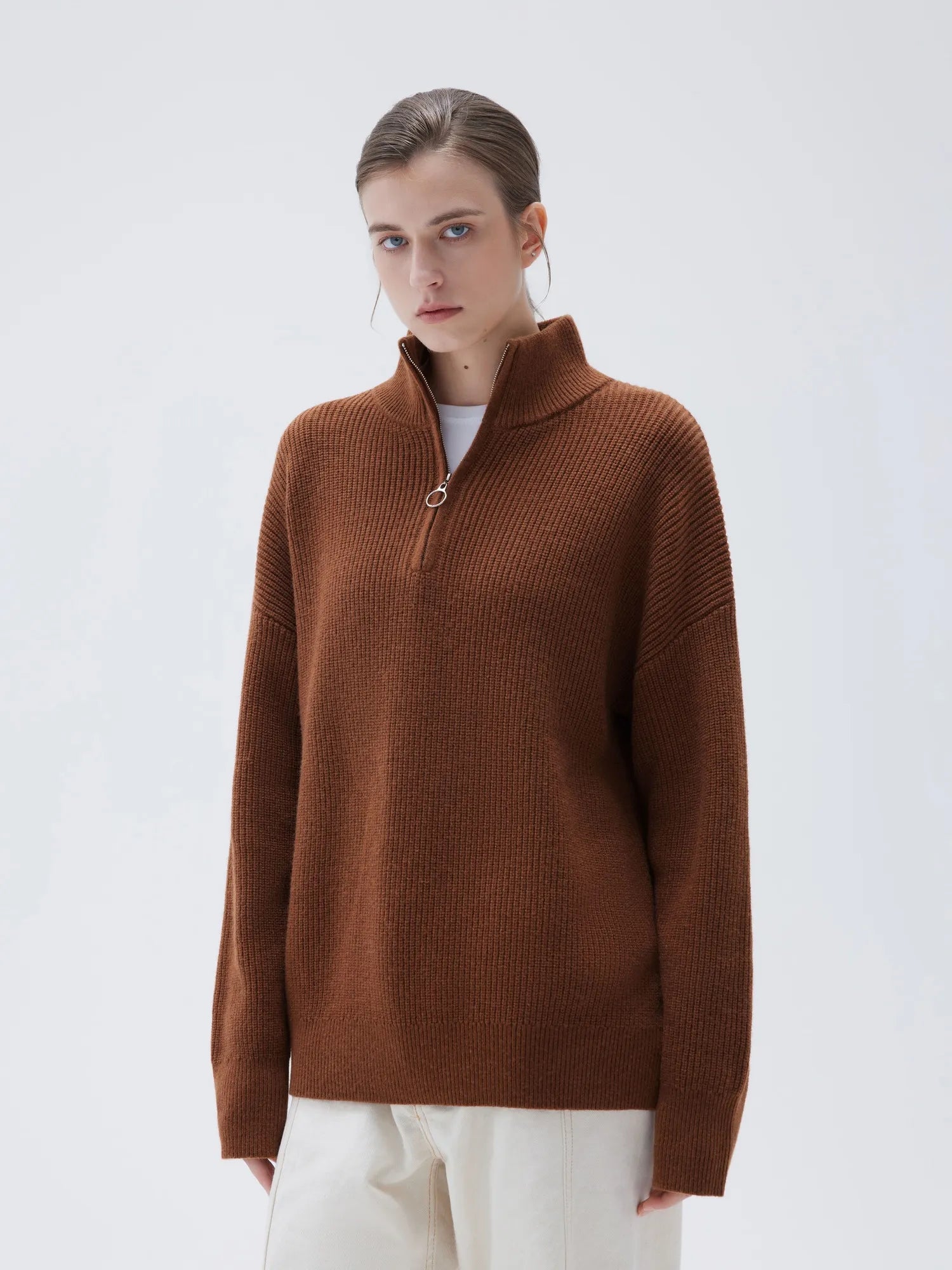 SUUKSESS Women Cashmere Oversized Quarter Zip Pullover Sweater Long Sleeve Collared Ribbed Knit Jumper Tops-SUUKSESS-SUUKSESS