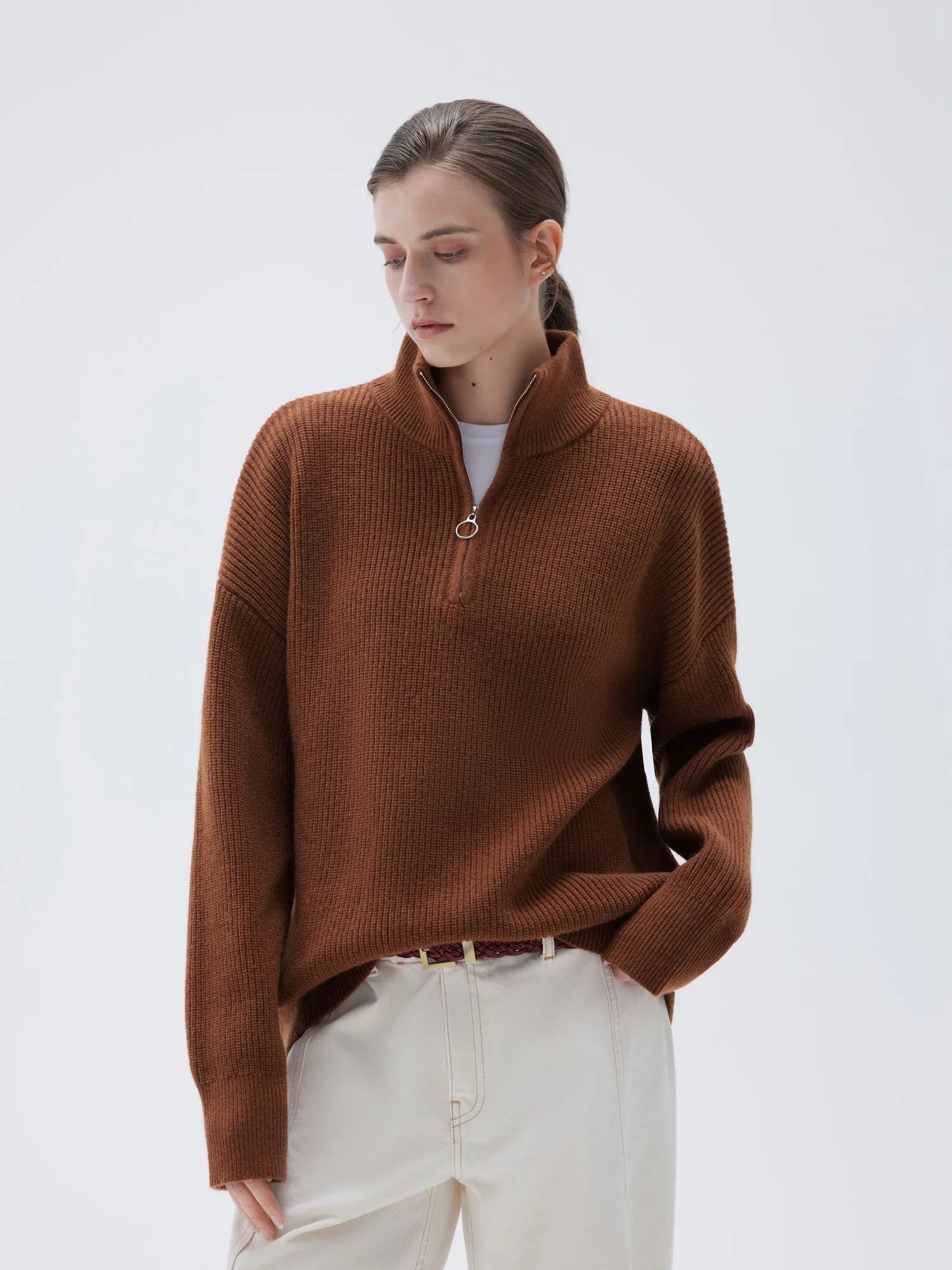 SUUKSESS Women Cashmere Oversized Quarter Zip Pullover Sweater Long Sleeve Collared Ribbed Knit Jumper Tops-SUUKSESS-SUUKSESS