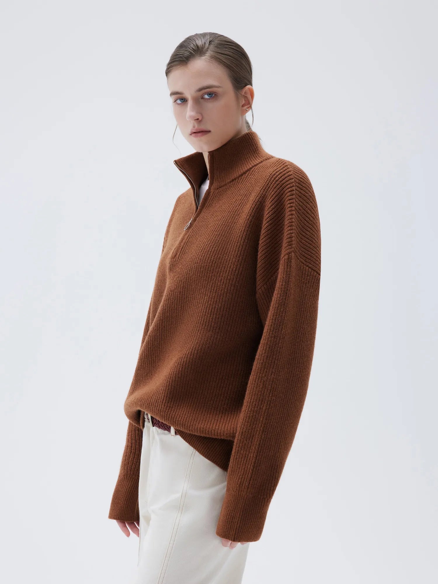 SUUKSESS Women Cashmere Oversized Quarter Zip Pullover Sweater Long Sleeve Collared Ribbed Knit Jumper Tops-SUUKSESS-SUUKSESS