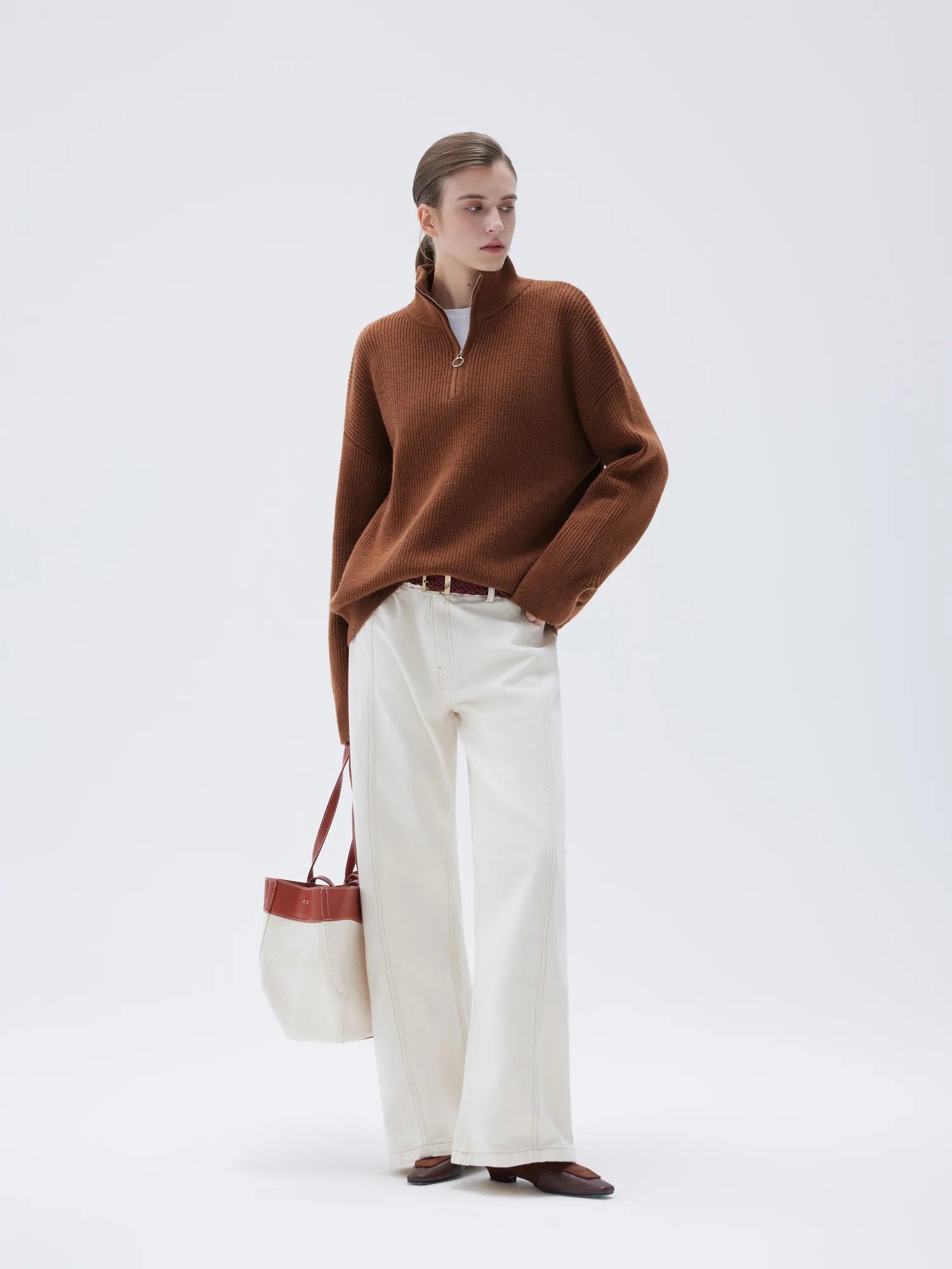 SUUKSESS Women Cashmere Oversized Quarter Zip Pullover Sweater Long Sleeve Collared Ribbed Knit Jumper Tops-SUUKSESS-SUUKSESS