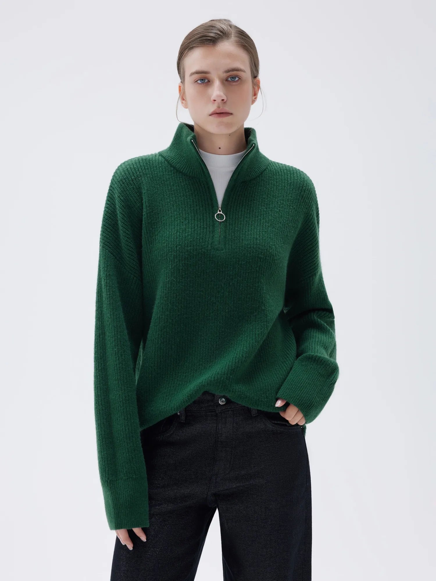SUUKSESS Women Cashmere Oversized Quarter Zip Pullover Sweater Long Sleeve Collared Ribbed Knit Jumper Tops-SUUKSESS-Dark Green-XS-SUUKSESS