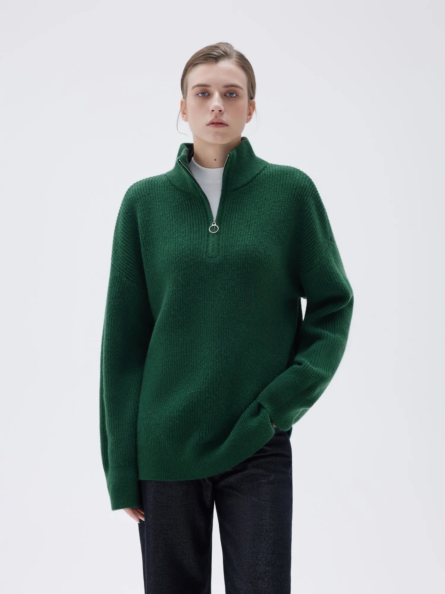 SUUKSESS Women Cashmere Oversized Quarter Zip Pullover Sweater Long Sleeve Collared Ribbed Knit Jumper Tops-SUUKSESS-SUUKSESS
