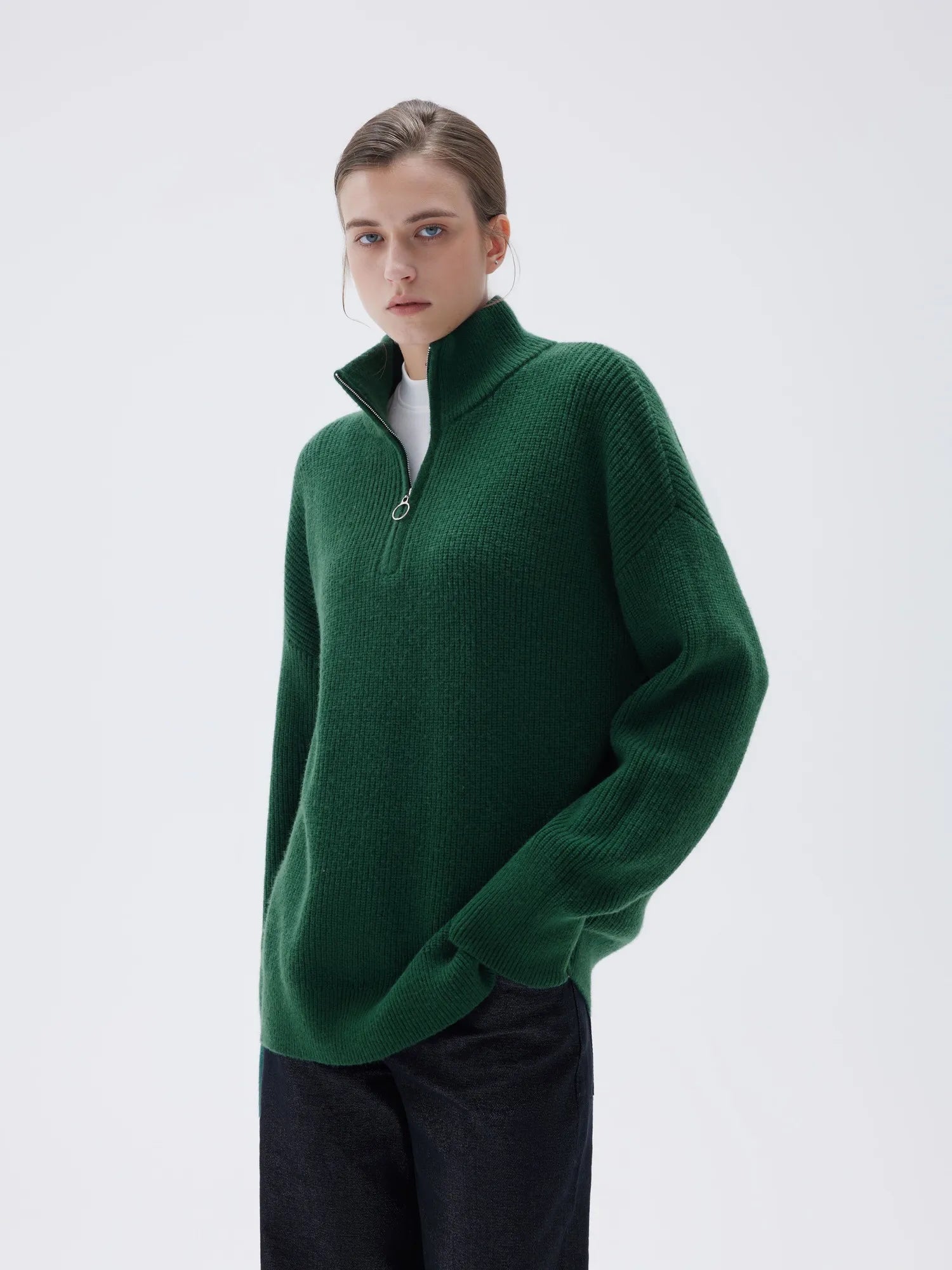 SUUKSESS Women Cashmere Oversized Quarter Zip Pullover Sweater Long Sleeve Collared Ribbed Knit Jumper Tops-SUUKSESS-SUUKSESS