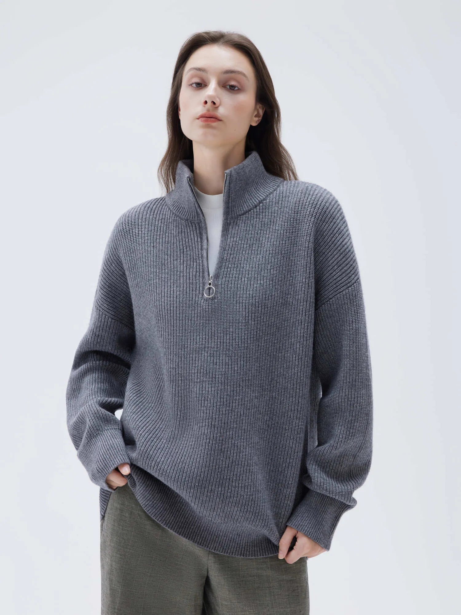 SUUKSESS Women Cashmere Oversized Quarter Zip Pullover Sweater Long Sleeve Collared Ribbed Knit Jumper Tops-SUUKSESS-Grey-XS-SUUKSESS