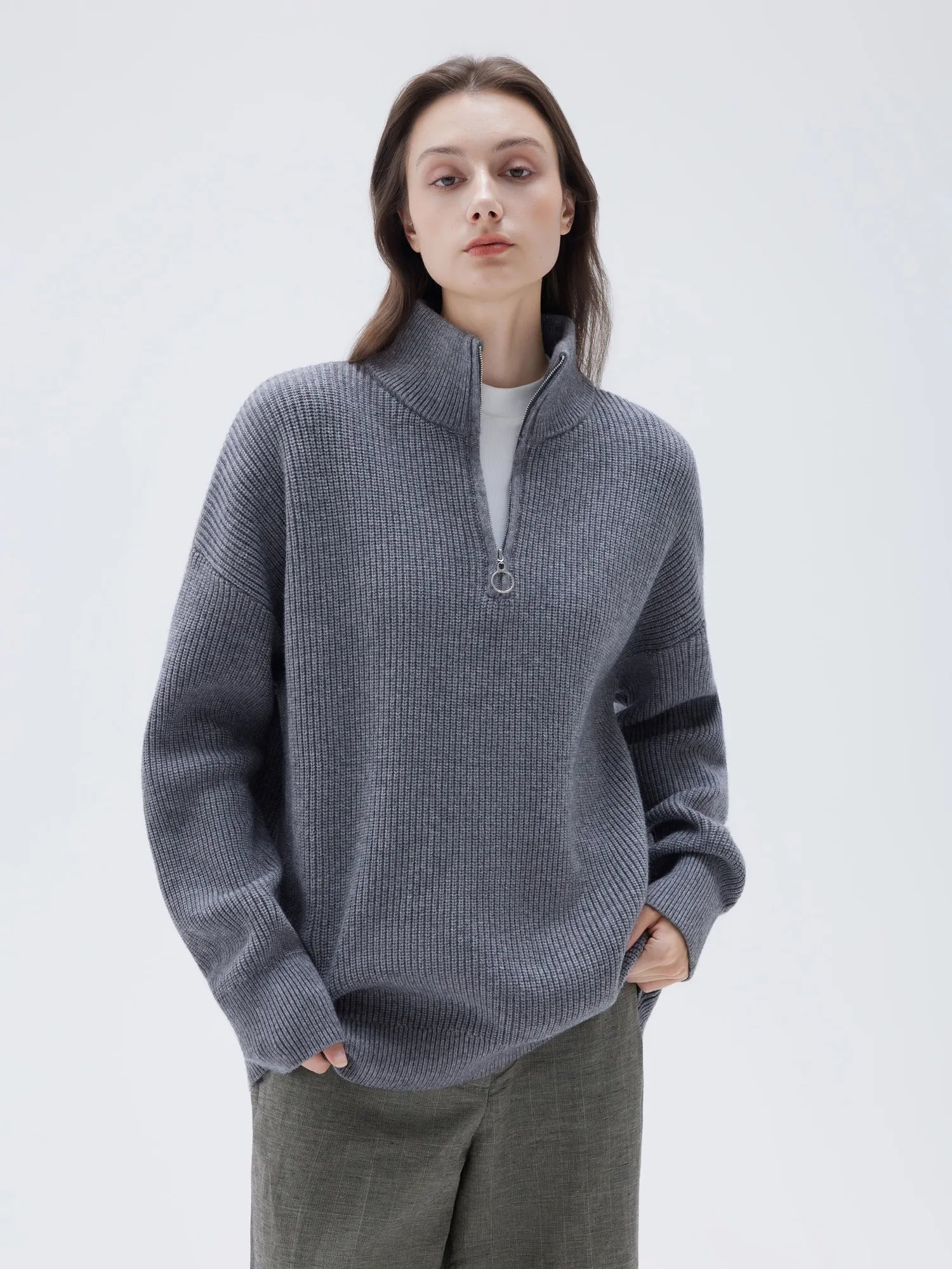 SUUKSESS Women Cashmere Oversized Quarter Zip Pullover Sweater Long Sleeve Collared Ribbed Knit Jumper Tops-SUUKSESS-SUUKSESS