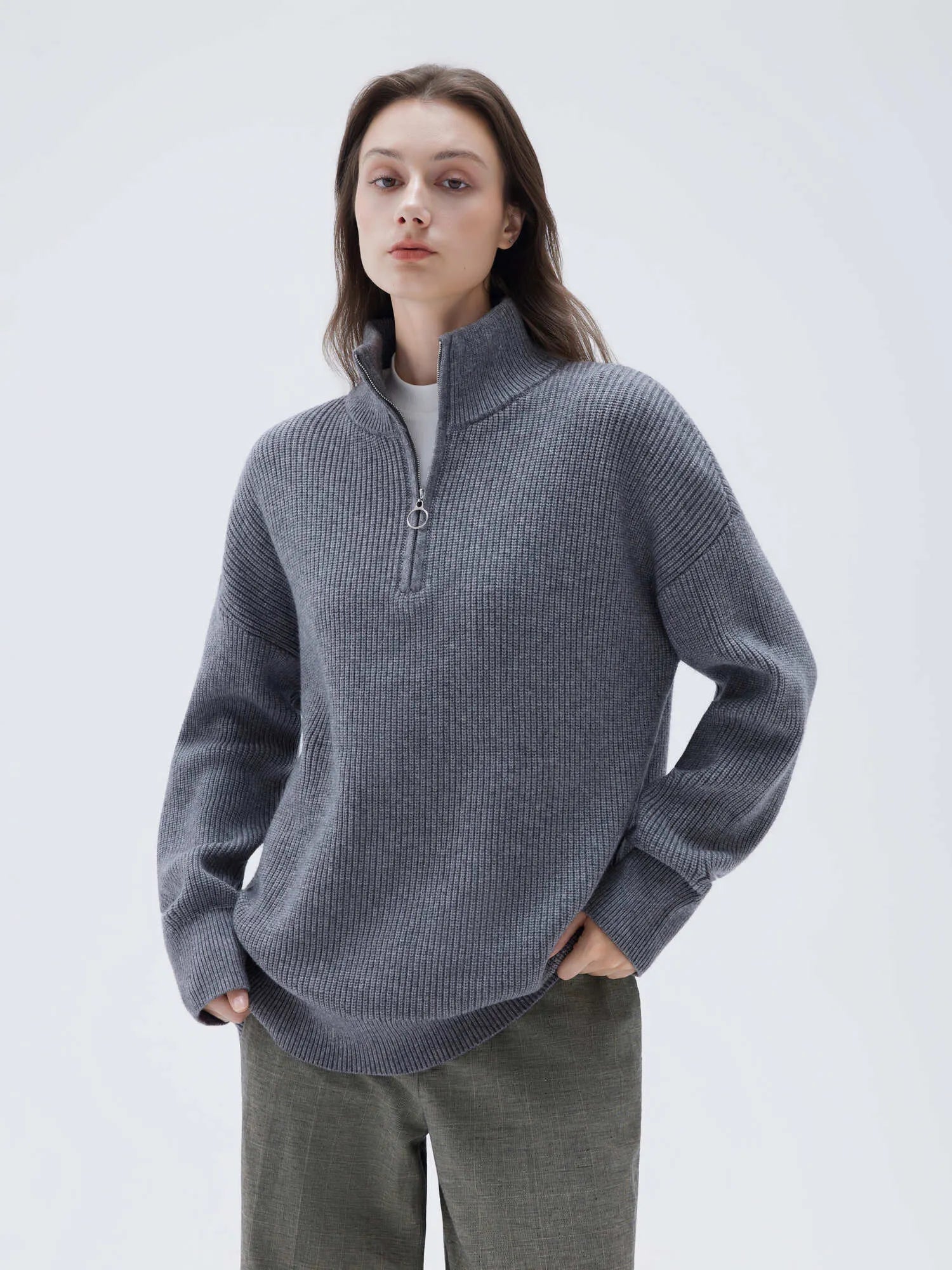 SUUKSESS Women Cashmere Oversized Quarter Zip Pullover Sweater Long Sleeve Collared Ribbed Knit Jumper Tops-SUUKSESS-SUUKSESS