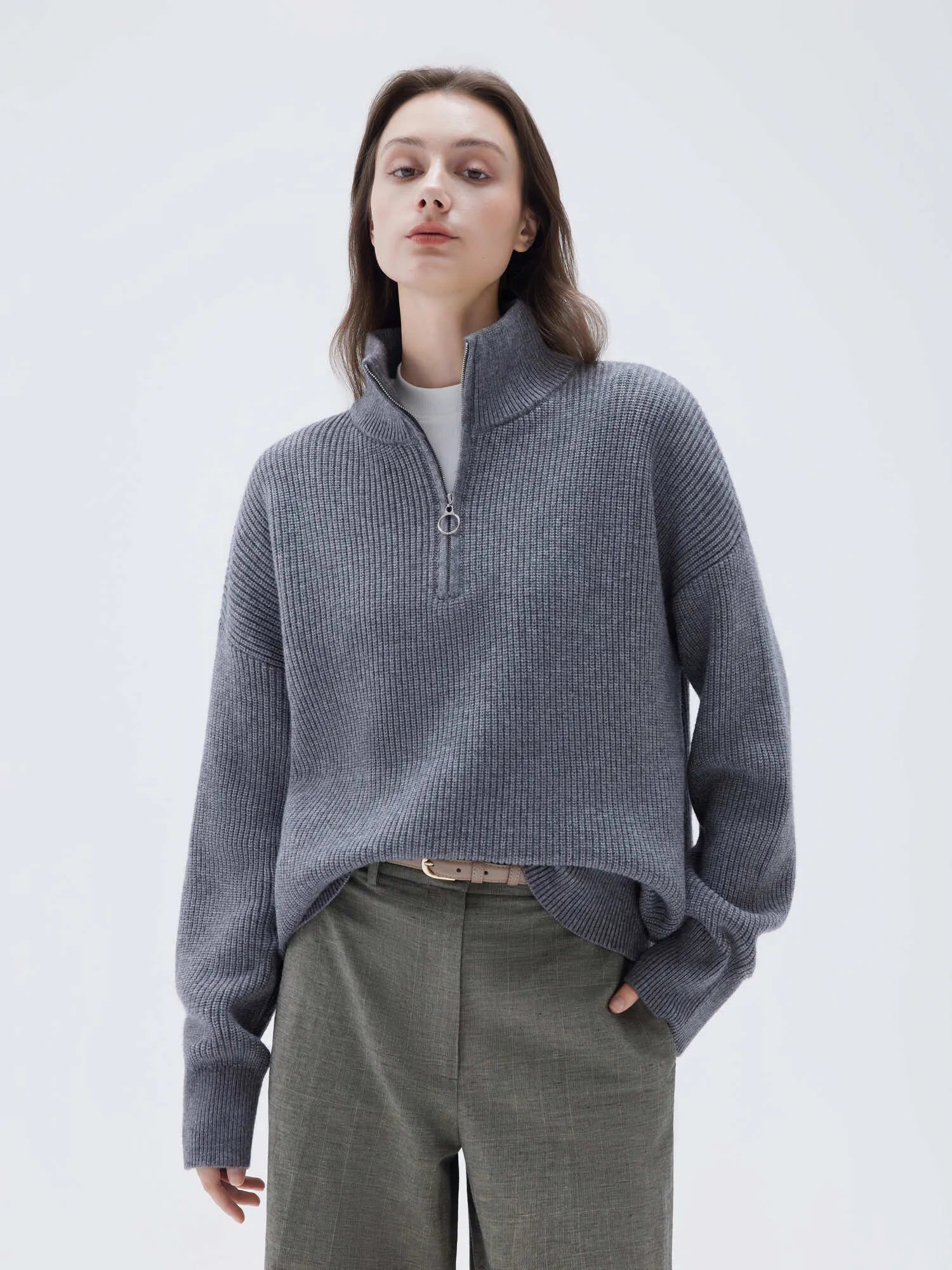 SUUKSESS Women Cashmere Oversized Quarter Zip Pullover Sweater Long Sleeve Collared Ribbed Knit Jumper Tops-SUUKSESS-SUUKSESS