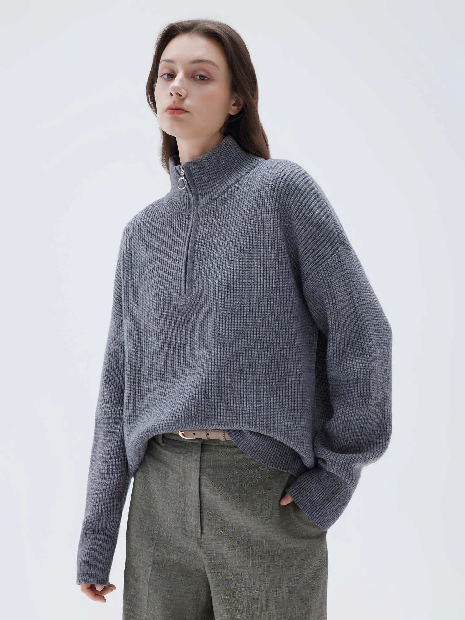SUUKSESS Women Cashmere Oversized Quarter Zip Pullover Sweater Long Sleeve Collared Ribbed Knit Jumper Tops-SUUKSESS-SUUKSESS