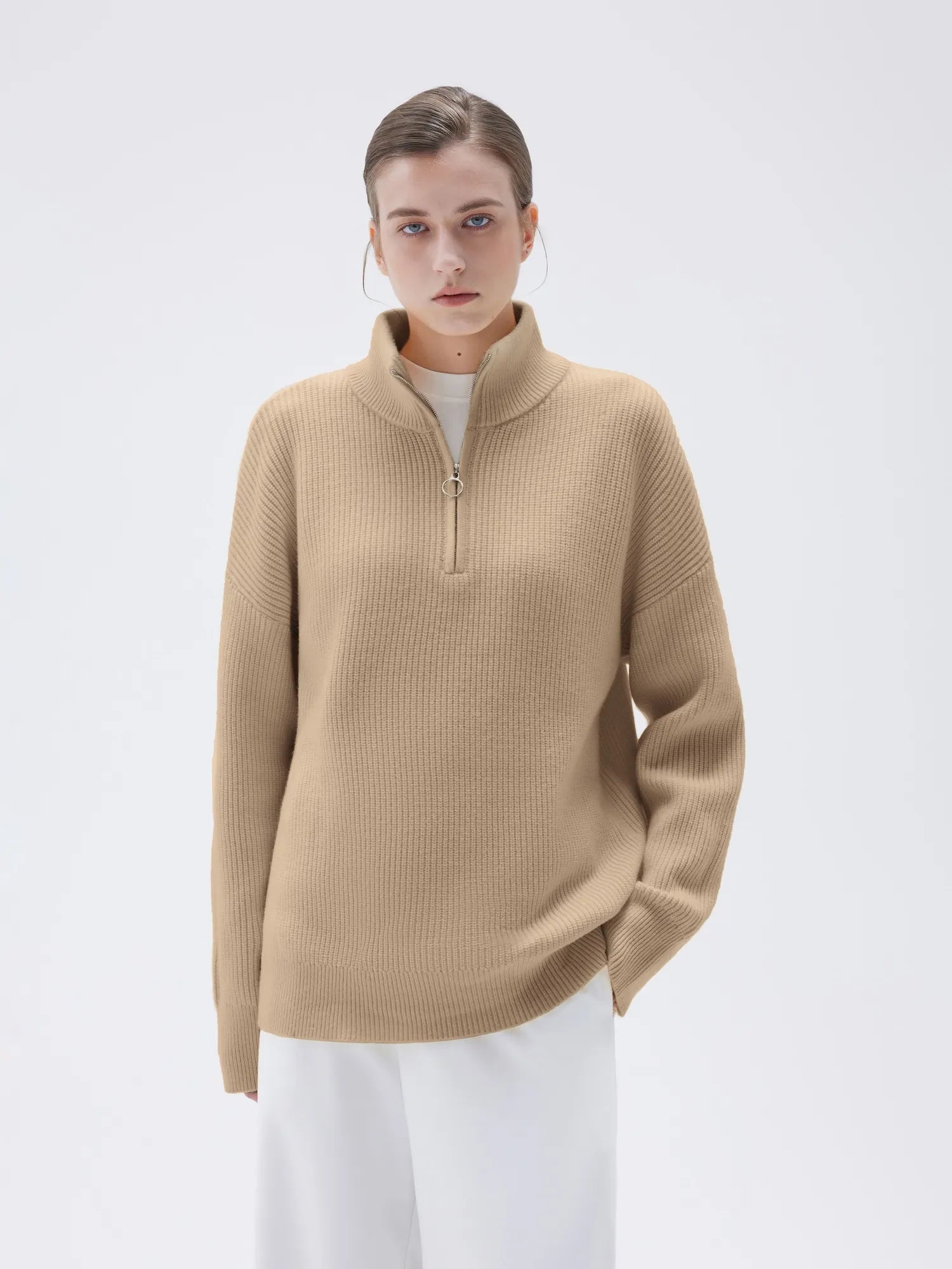 SUUKSESS Women Cashmere Oversized Quarter Zip Pullover Sweater Long Sleeve Collared Ribbed Knit Jumper Tops-SUUKSESS-Khaki-XS-SUUKSESS