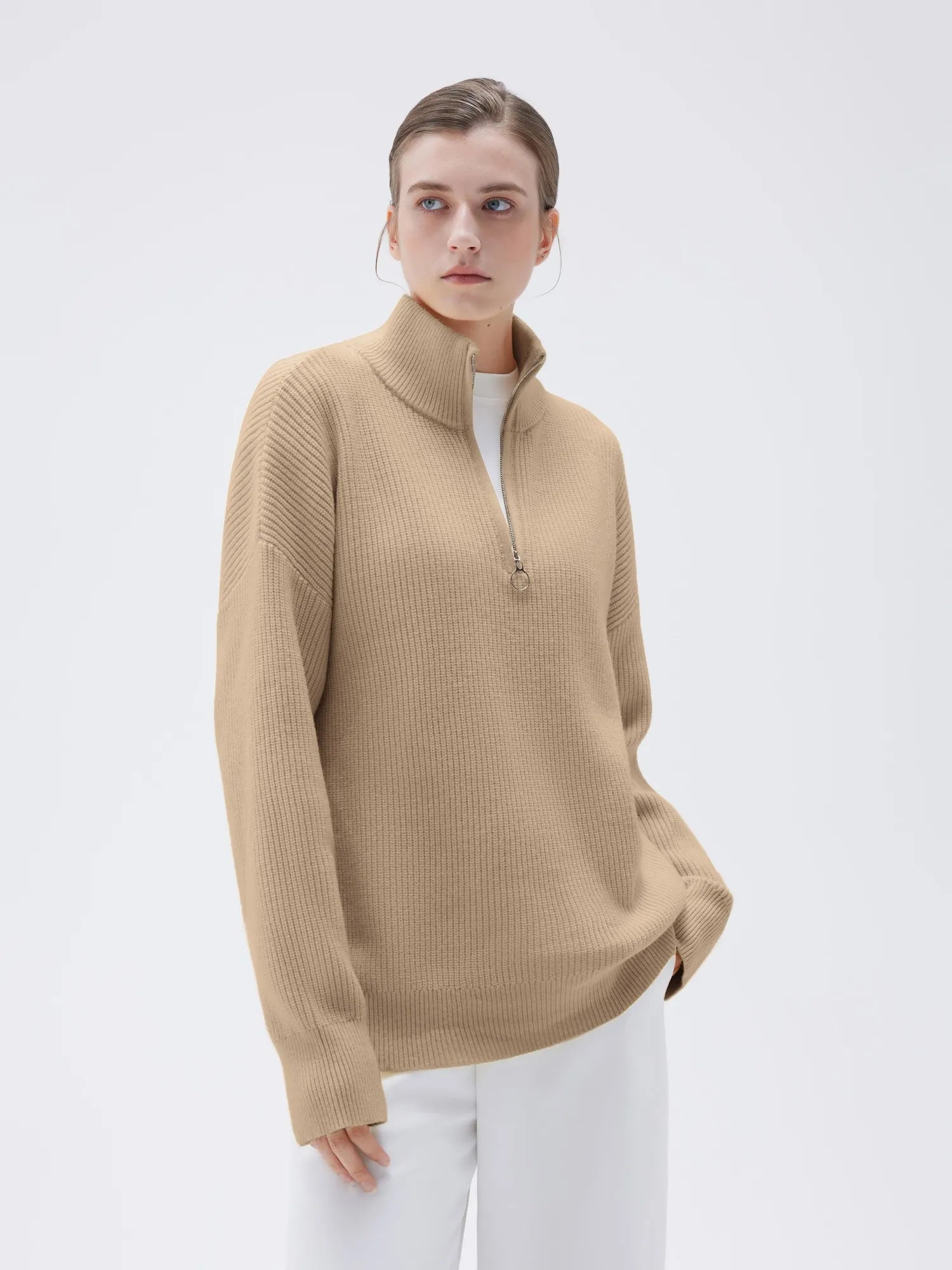 SUUKSESS Women Cashmere Oversized Quarter Zip Pullover Sweater Long Sleeve Collared Ribbed Knit Jumper Tops-SUUKSESS-SUUKSESS