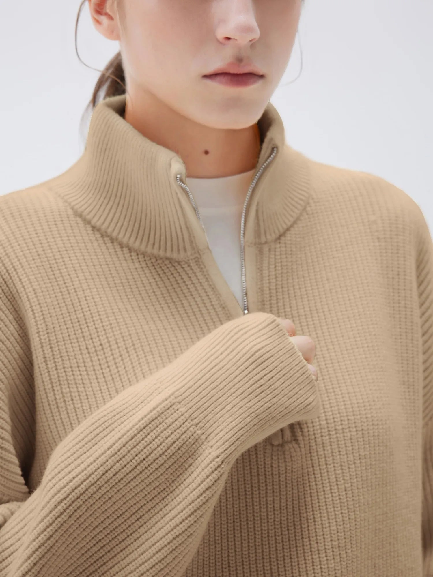 SUUKSESS Women Cashmere Oversized Quarter Zip Pullover Sweater Long Sleeve Collared Ribbed Knit Jumper Tops-SUUKSESS-SUUKSESS