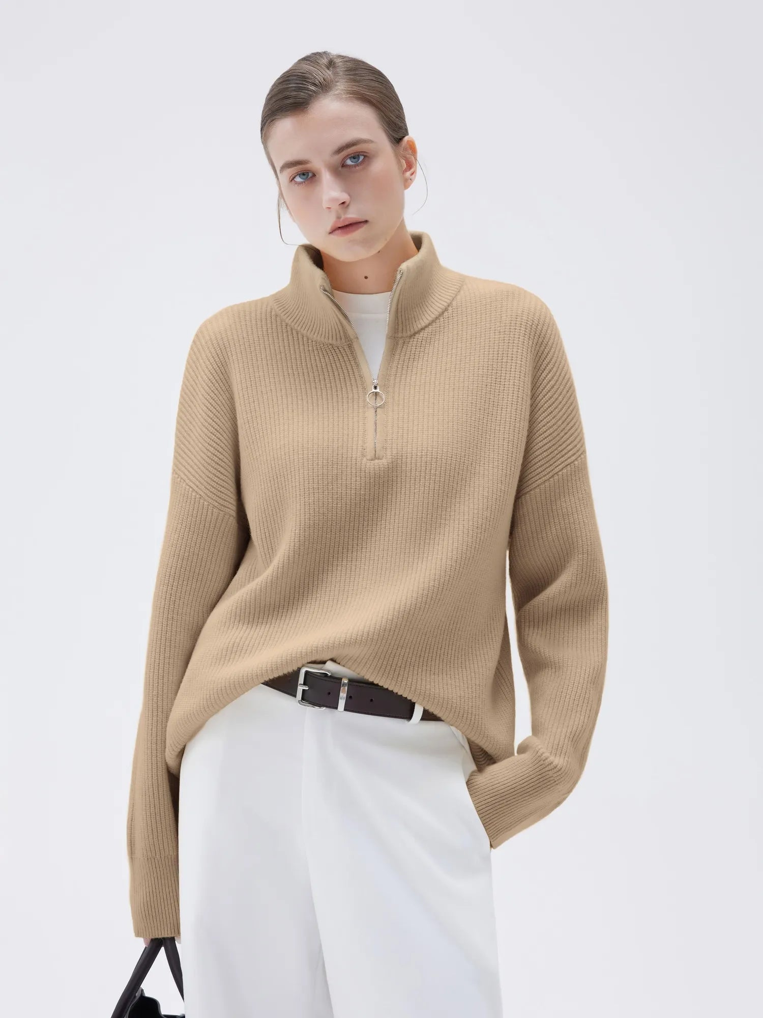 SUUKSESS Women Cashmere Oversized Quarter Zip Pullover Sweater Long Sleeve Collared Ribbed Knit Jumper Tops-SUUKSESS-SUUKSESS