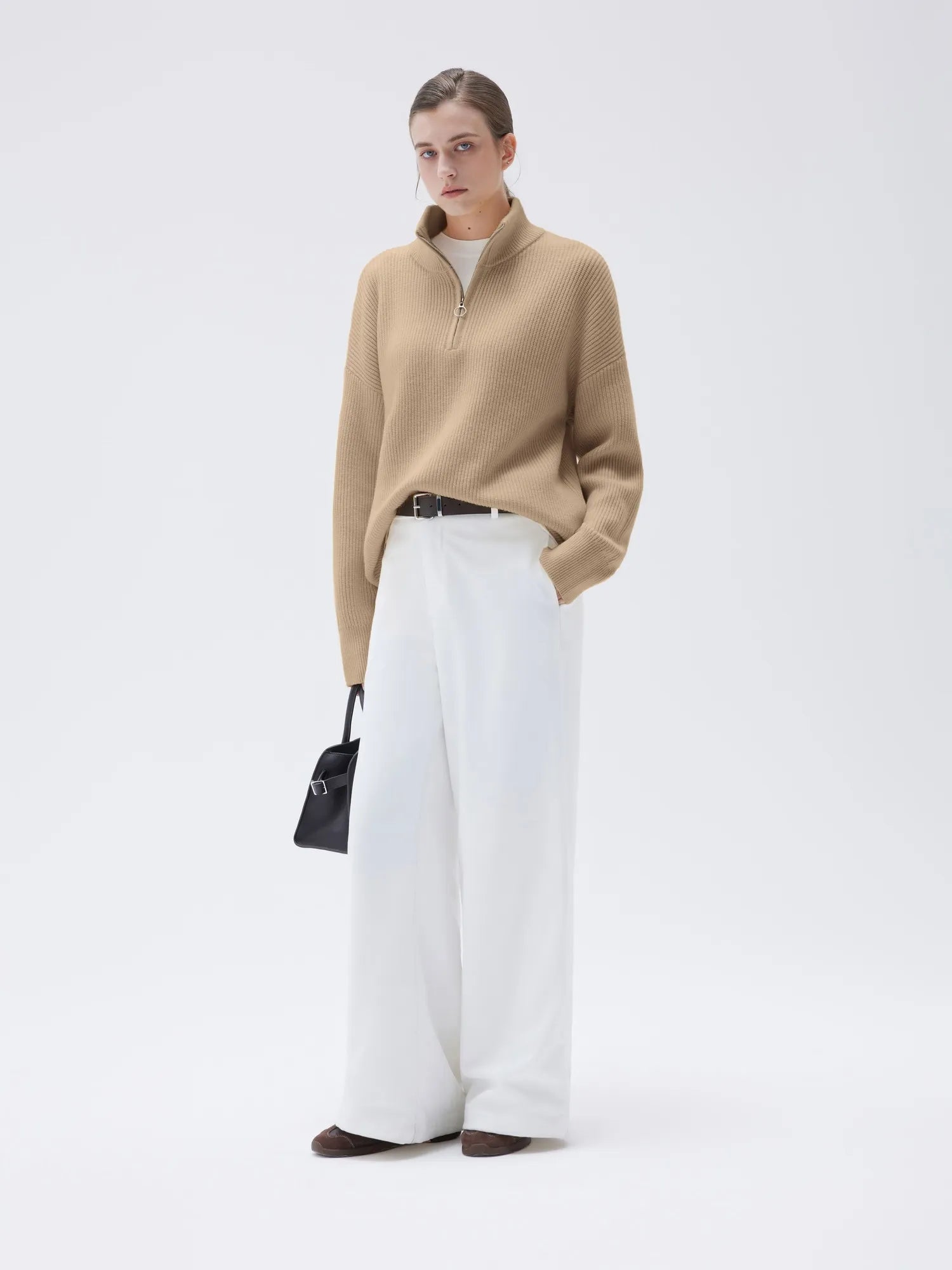 SUUKSESS Women Cashmere Oversized Quarter Zip Pullover Sweater Long Sleeve Collared Ribbed Knit Jumper Tops-SUUKSESS-SUUKSESS