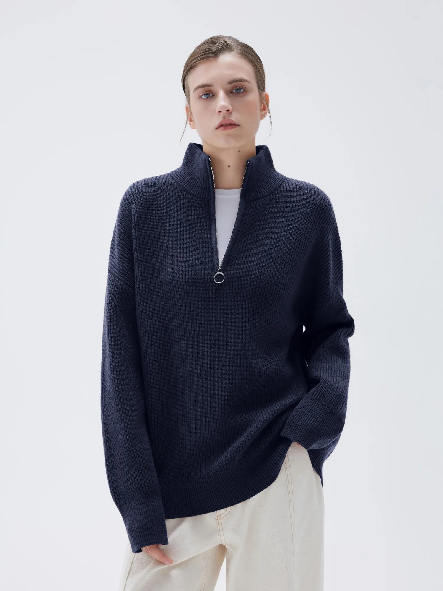 SUUKSESS Women Cashmere Oversized Quarter Zip Pullover Sweater Long Sleeve Collared Ribbed Knit Jumper Tops-SUUKSESS-Navy-XS-SUUKSESS