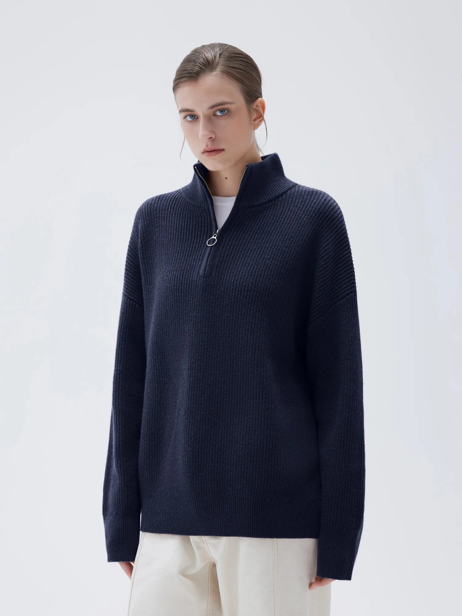 SUUKSESS Women Cashmere Oversized Quarter Zip Pullover Sweater Long Sleeve Collared Ribbed Knit Jumper Tops-SUUKSESS-SUUKSESS