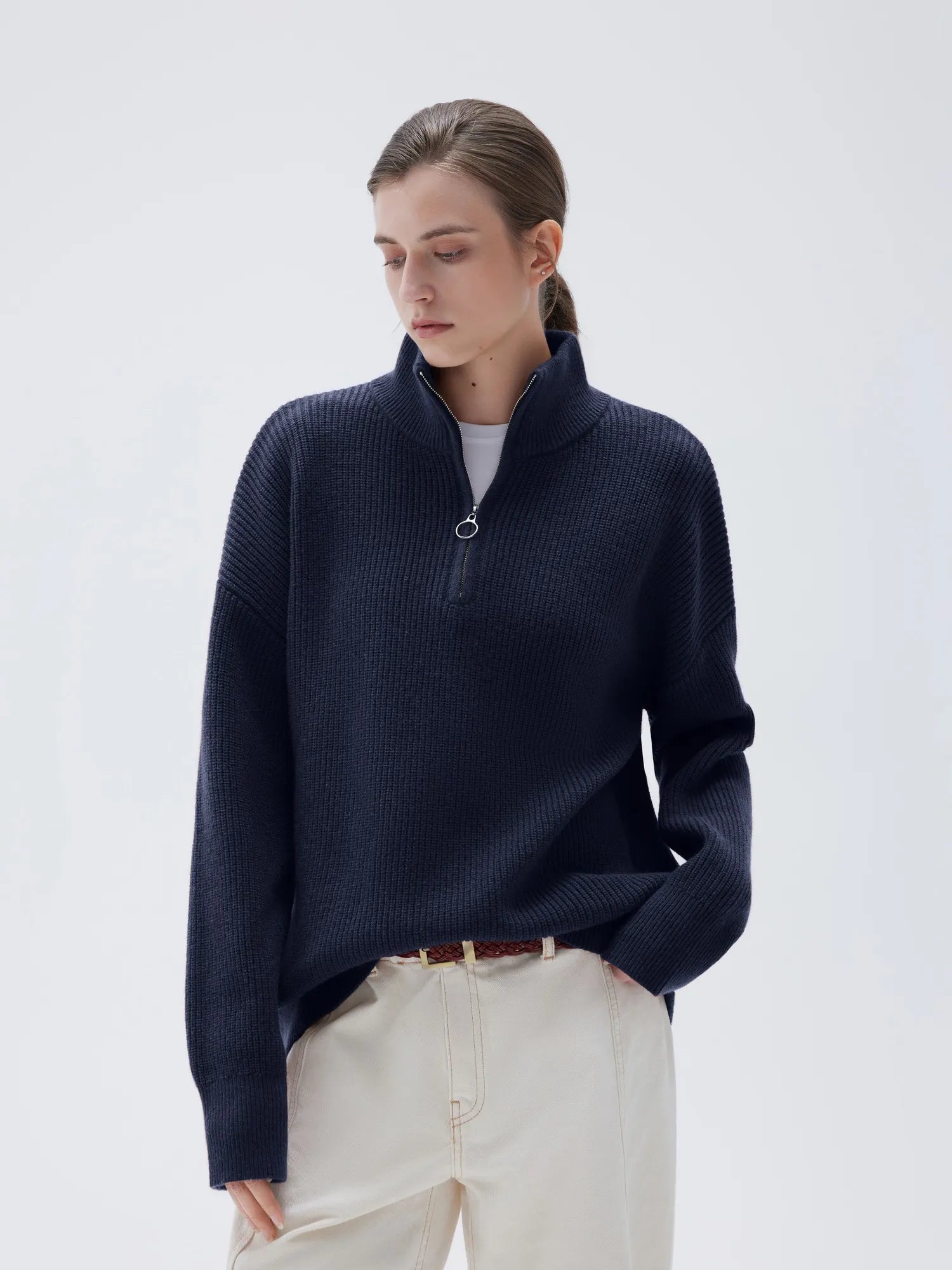 SUUKSESS Women Cashmere Oversized Quarter Zip Pullover Sweater Long Sleeve Collared Ribbed Knit Jumper Tops-SUUKSESS-SUUKSESS