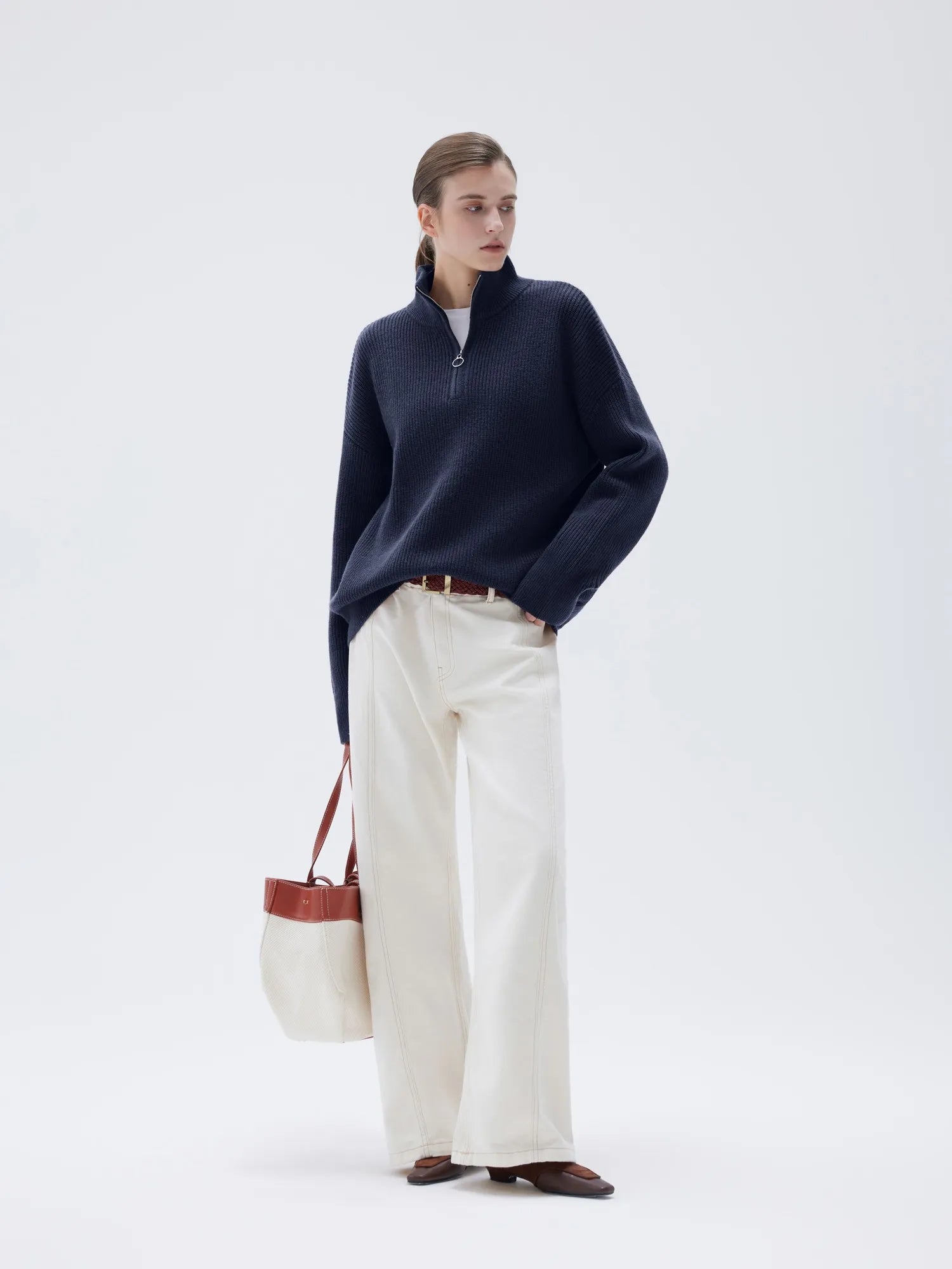 SUUKSESS Women Cashmere Oversized Quarter Zip Pullover Sweater Long Sleeve Collared Ribbed Knit Jumper Tops-SUUKSESS-SUUKSESS