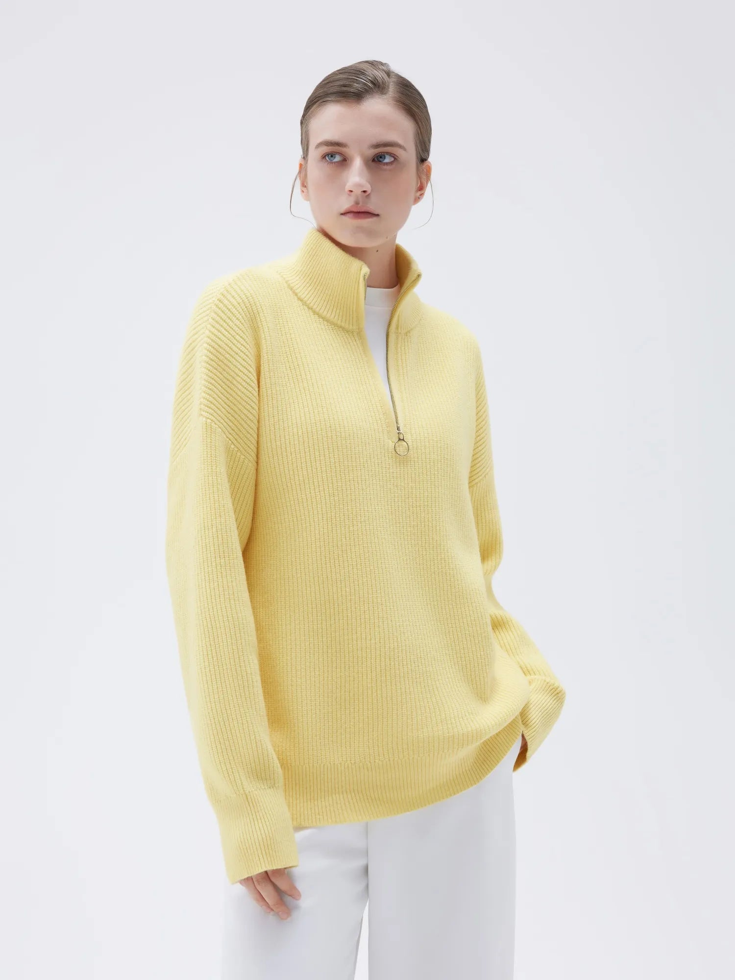 SUUKSESS Women Cashmere Oversized Quarter Zip Pullover Sweater Long Sleeve Collared Ribbed Knit Jumper Tops-SUUKSESS-SUUKSESS