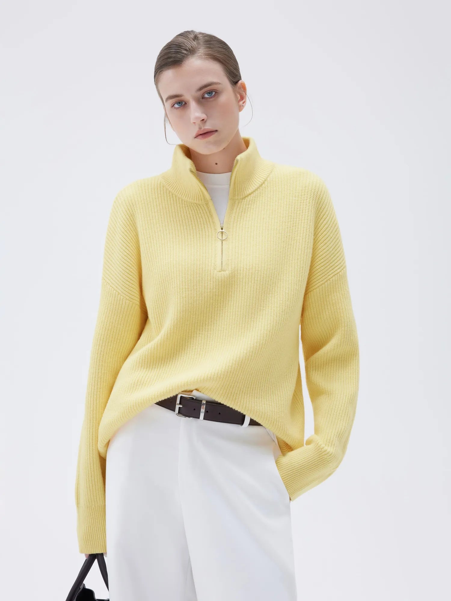 SUUKSESS Women Cashmere Oversized Quarter Zip Pullover Sweater Long Sleeve Collared Ribbed Knit Jumper Tops-SUUKSESS-SUUKSESS