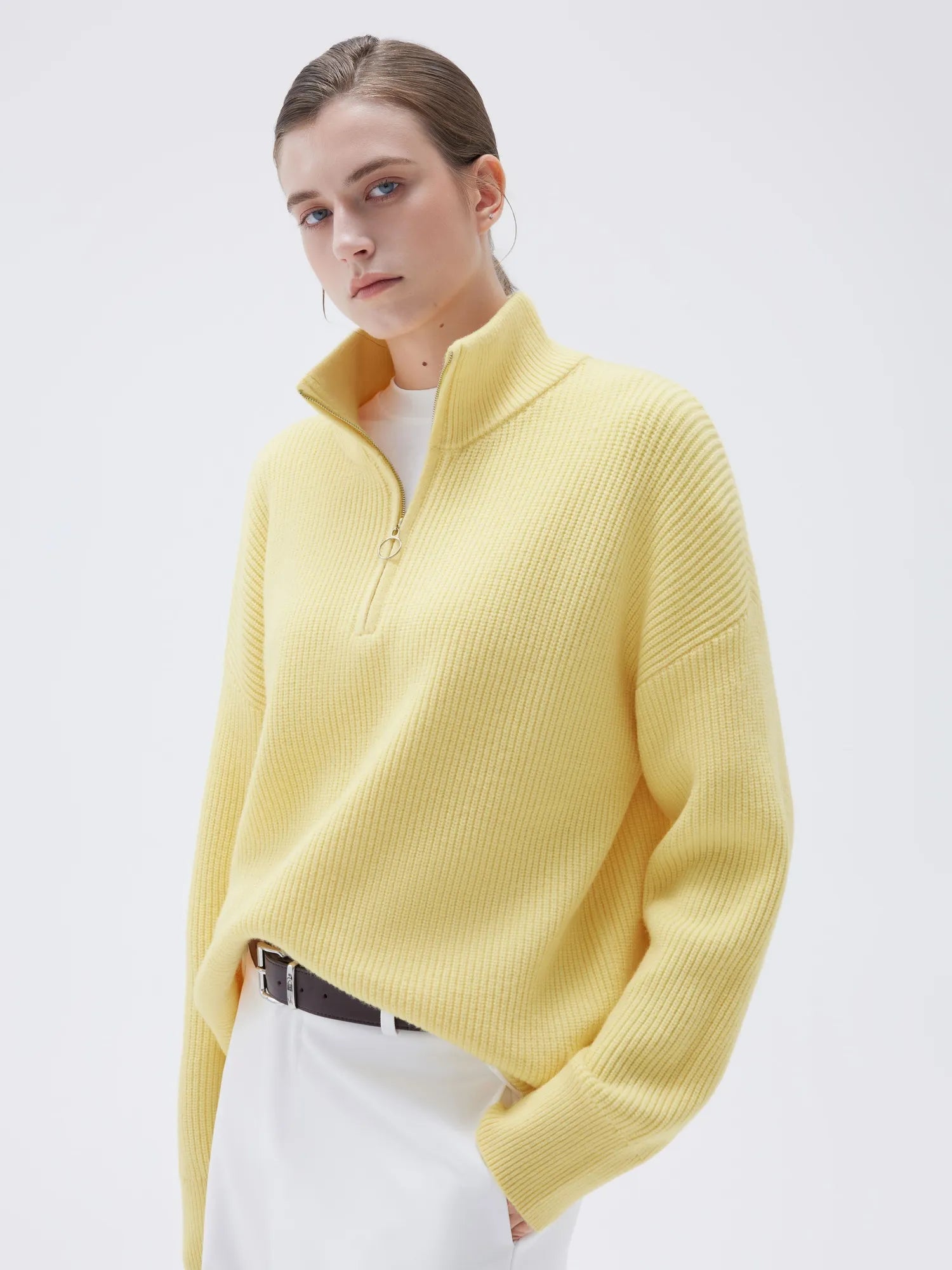 SUUKSESS Women Cashmere Oversized Quarter Zip Pullover Sweater Long Sleeve Collared Ribbed Knit Jumper Tops-SUUKSESS-SUUKSESS