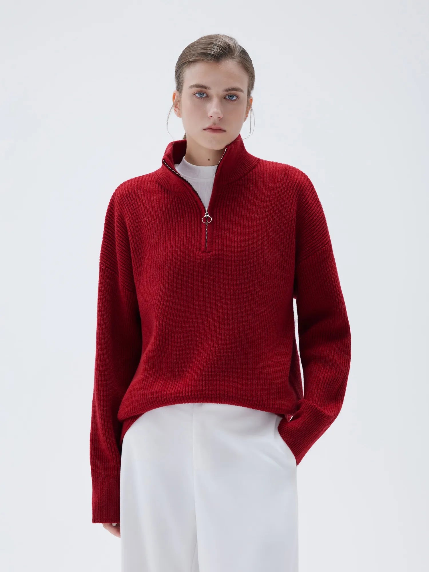 SUUKSESS Women Cashmere Oversized Quarter Zip Pullover Sweater Long Sleeve Collared Ribbed Knit Jumper Tops-SUUKSESS-Red-XS-SUUKSESS