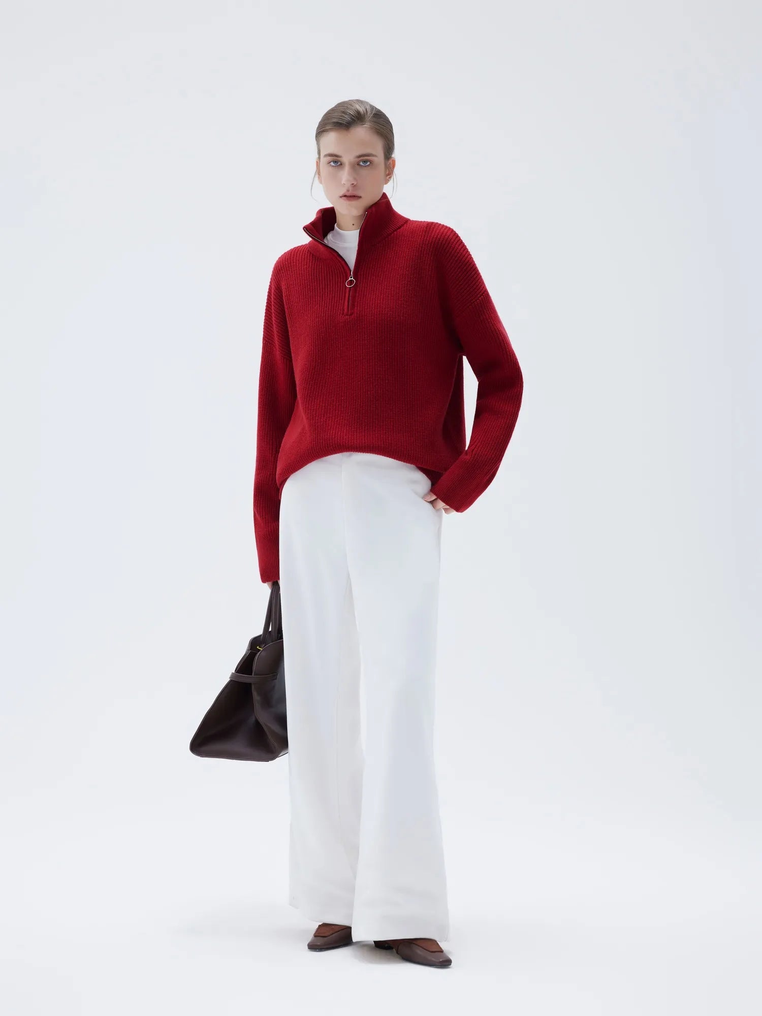 SUUKSESS Women Cashmere Oversized Quarter Zip Pullover Sweater Long Sleeve Collared Ribbed Knit Jumper Tops-SUUKSESS-SUUKSESS
