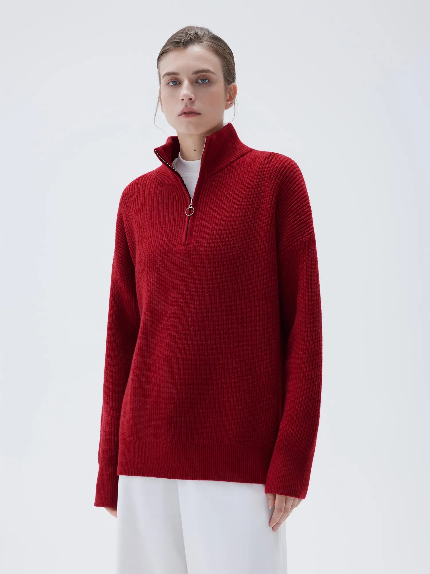 SUUKSESS Women Cashmere Oversized Quarter Zip Pullover Sweater Long Sleeve Collared Ribbed Knit Jumper Tops-SUUKSESS-SUUKSESS