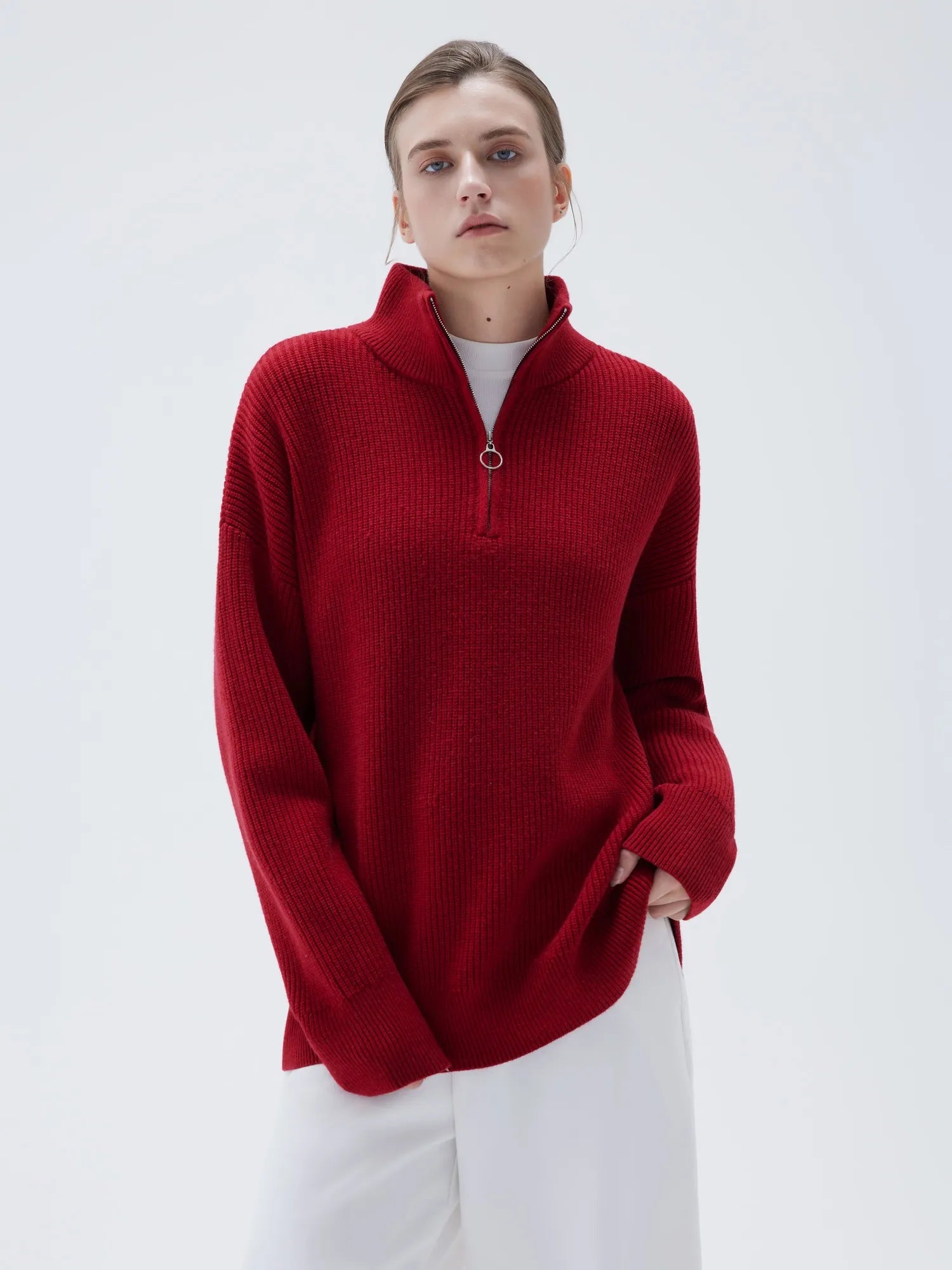 SUUKSESS Women Cashmere Oversized Quarter Zip Pullover Sweater Long Sleeve Collared Ribbed Knit Jumper Tops-SUUKSESS-SUUKSESS