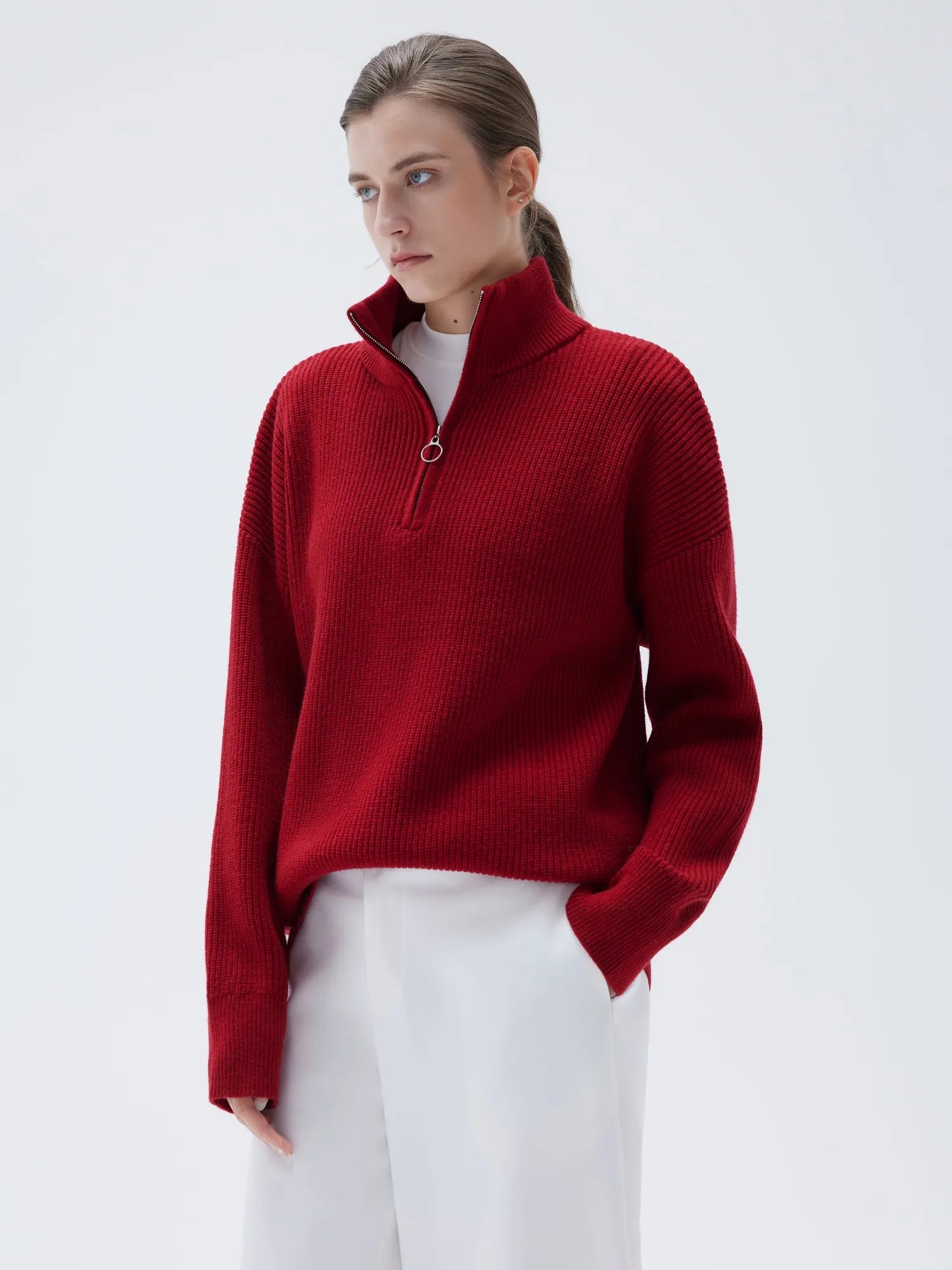 SUUKSESS Women Cashmere Oversized Quarter Zip Pullover Sweater Long Sleeve Collared Ribbed Knit Jumper Tops-SUUKSESS-SUUKSESS