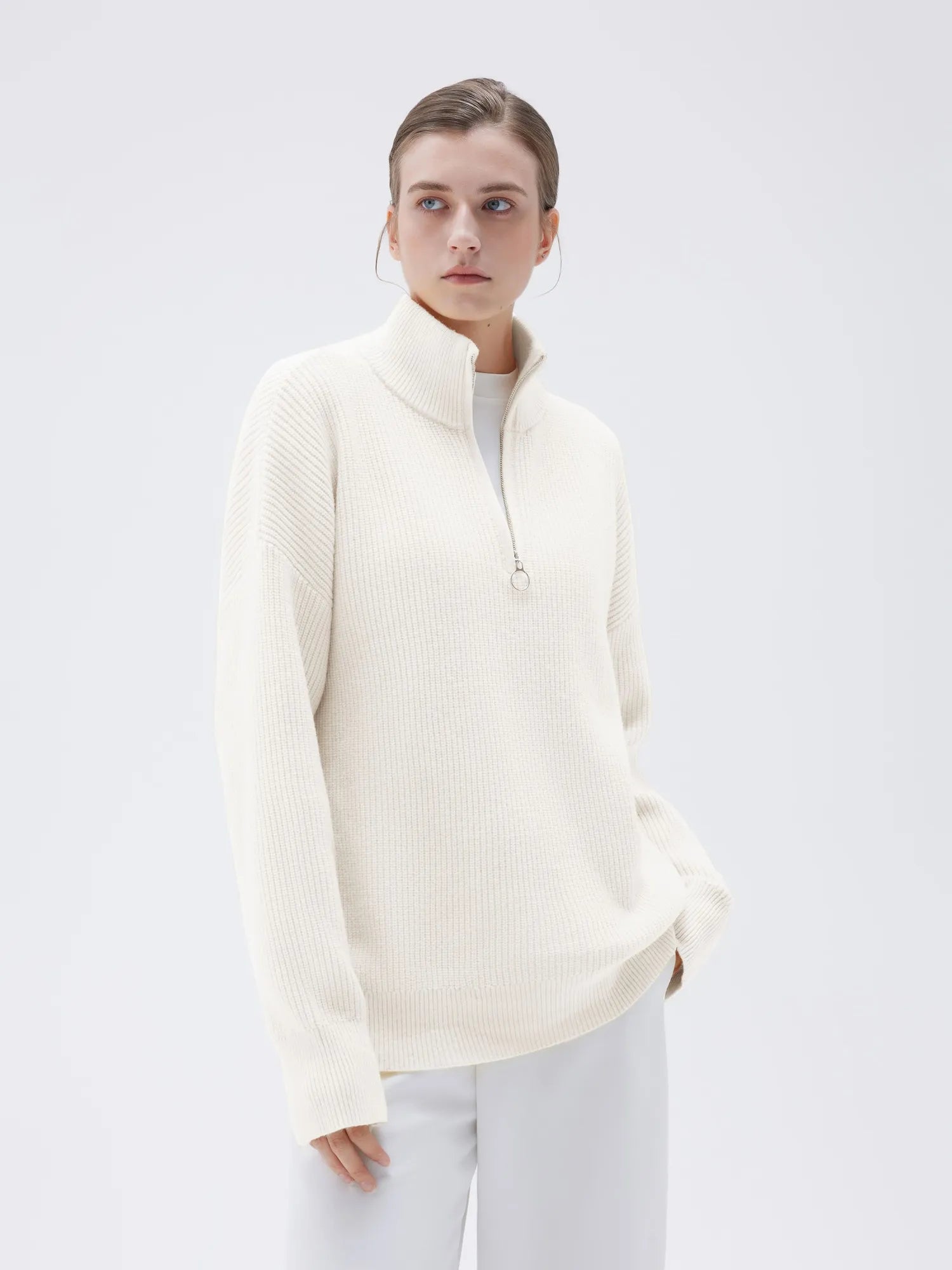 SUUKSESS Women Cashmere Oversized Quarter Zip Pullover Sweater Long Sleeve Collared Ribbed Knit Jumper Tops-SUUKSESS-SUUKSESS