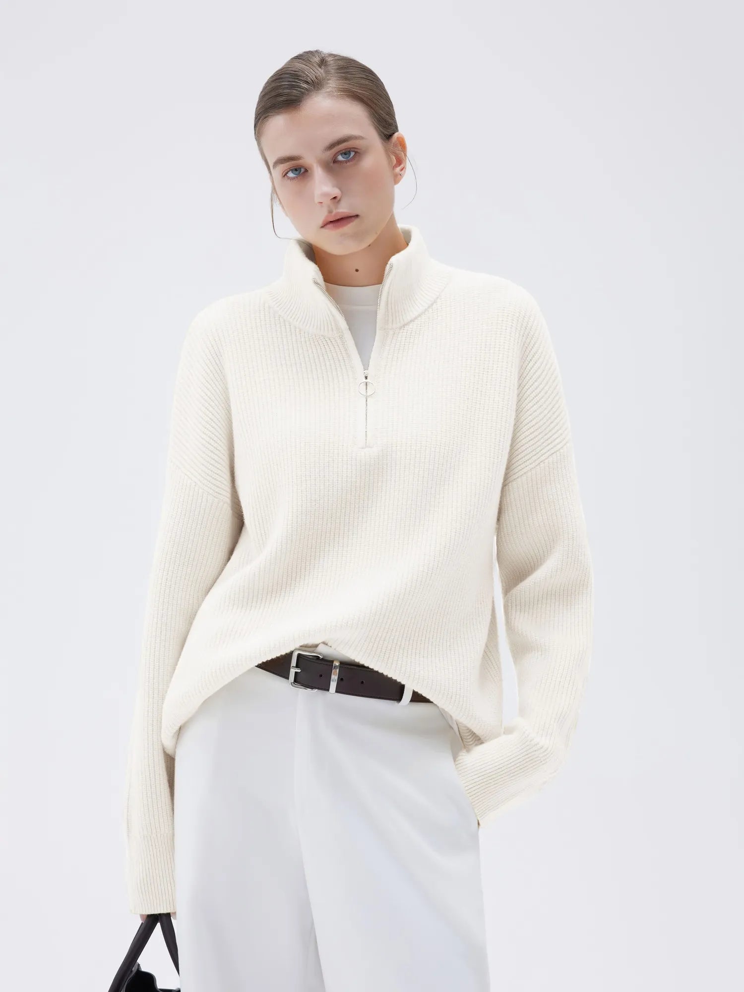 SUUKSESS Women Cashmere Oversized Quarter Zip Pullover Sweater Long Sleeve Collared Ribbed Knit Jumper Tops-SUUKSESS-SUUKSESS
