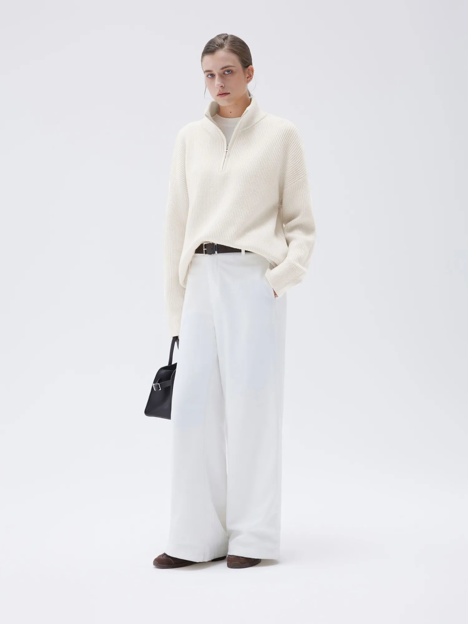 SUUKSESS Women Cashmere Oversized Quarter Zip Pullover Sweater Long Sleeve Collared Ribbed Knit Jumper Tops-SUUKSESS-SUUKSESS
