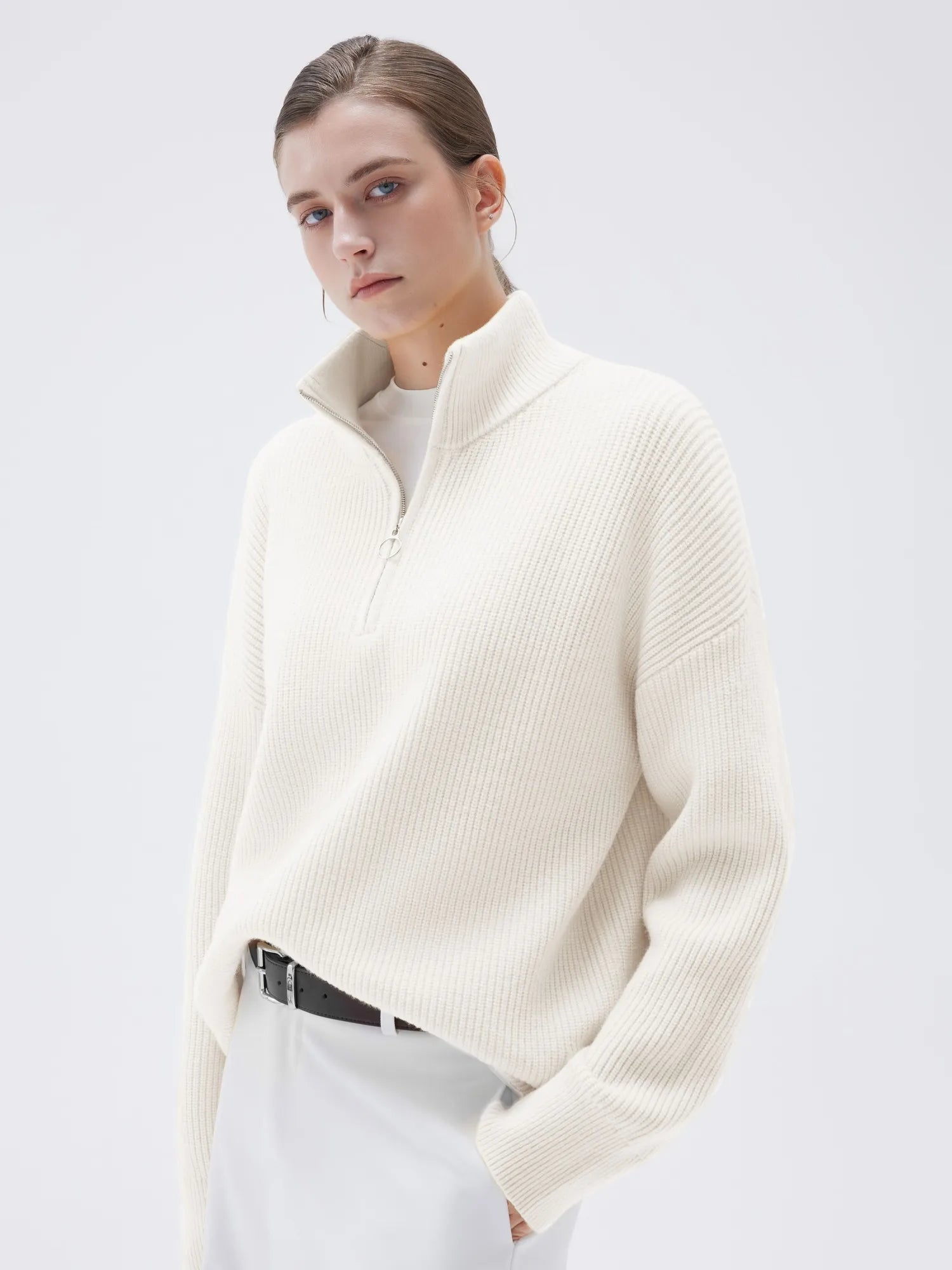 SUUKSESS Women Cashmere Oversized Quarter Zip Pullover Sweater Long Sleeve Collared Ribbed Knit Jumper Tops-SUUKSESS-SUUKSESS