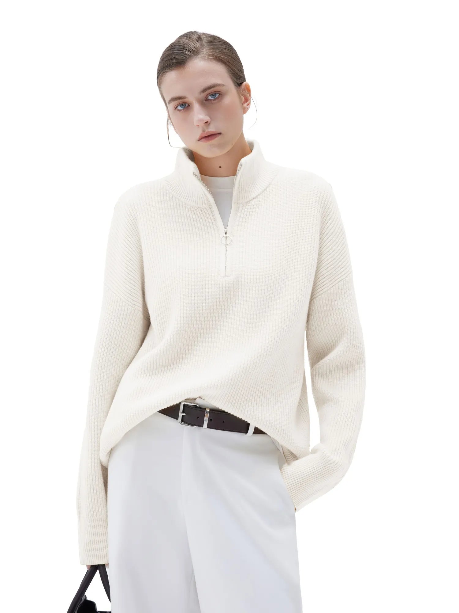 SUUKSESS Women Cashmere Oversized Quarter Zip Pullover Sweater Long Sleeve Collared Ribbed Knit Jumper Tops-SUUKSESS-SUUKSESS