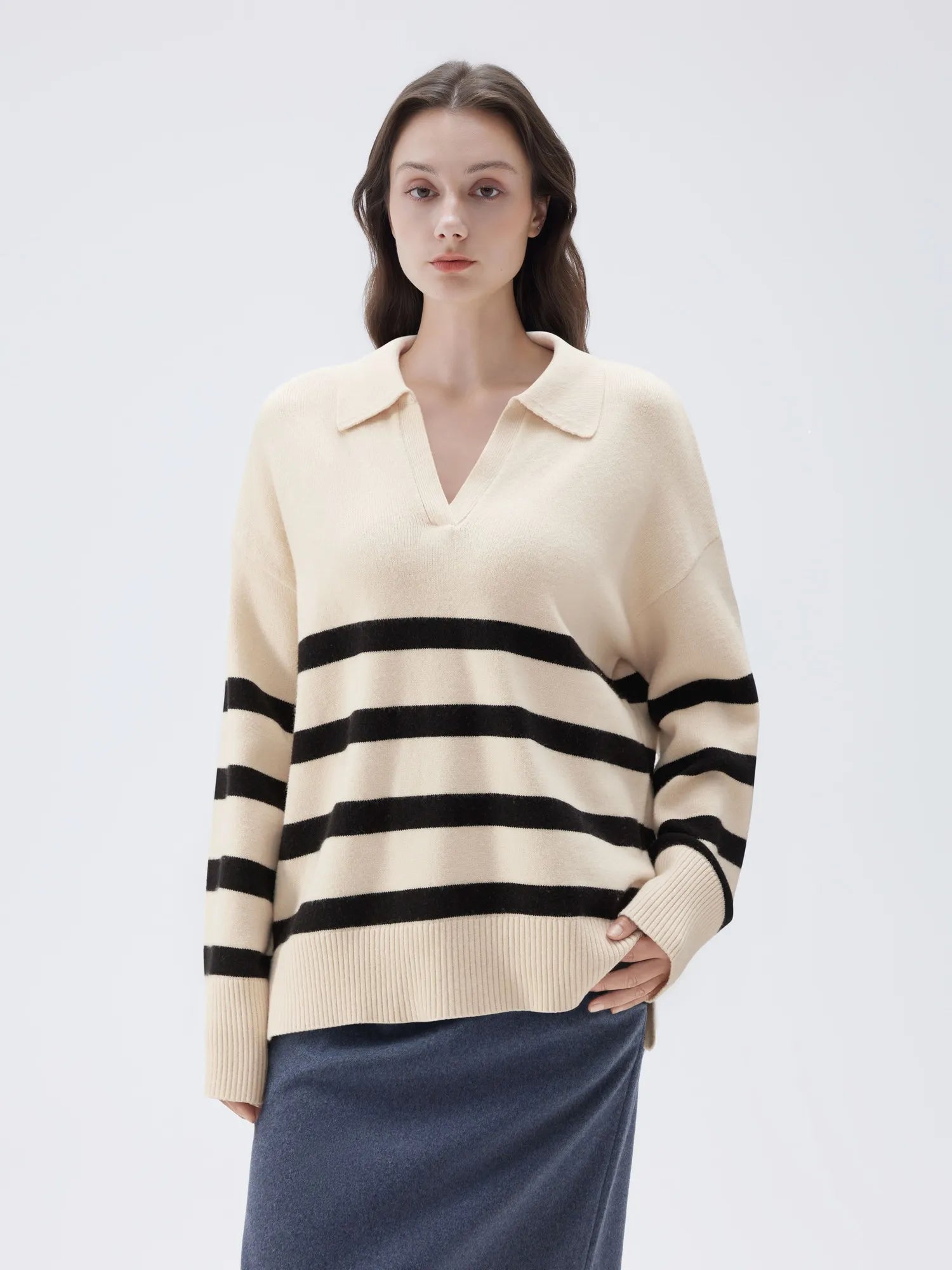 SUUKSESS Women Cashmere Oversized V Neck Pullover Sweaters Long Sleeve Collared Knit Jumper Tops-SUUKSESS-SUUKSESS