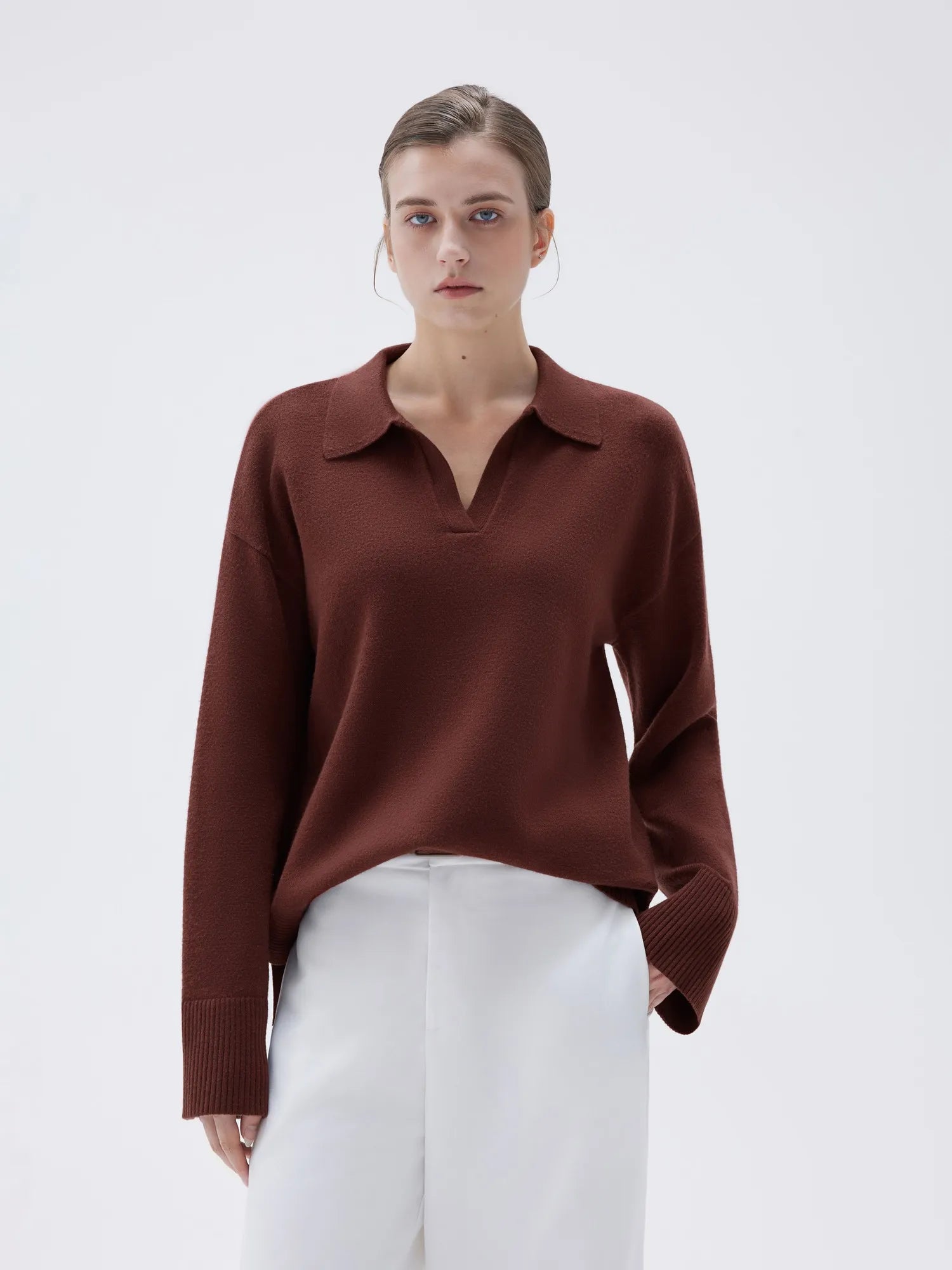 SUUKSESS Women Cashmere Oversized V Neck Pullover Sweaters Long Sleeve Collared Knit Jumper Tops-SUUKSESS-Brown-XS-SUUKSESS