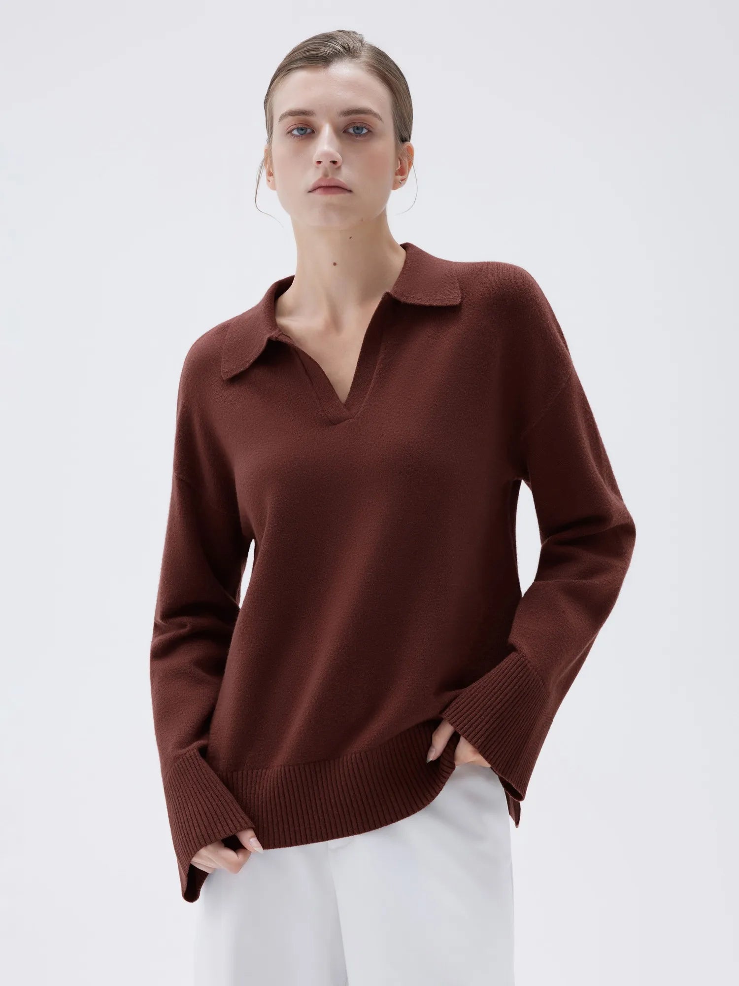 SUUKSESS Women Cashmere Oversized V Neck Pullover Sweaters Long Sleeve Collared Knit Jumper Tops-SUUKSESS-SUUKSESS